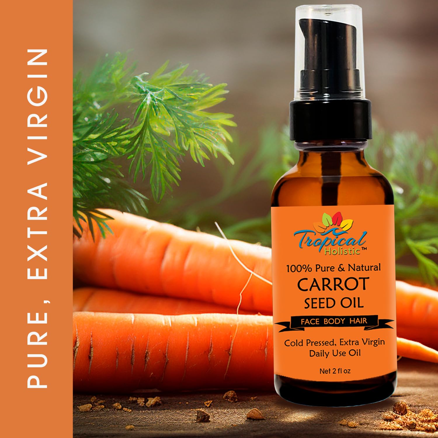 100% pure organic carrot seed oil 2 oz - unrefined cold pressed extra virgin for face, hair, body, nails, massage oil by tropical holistic