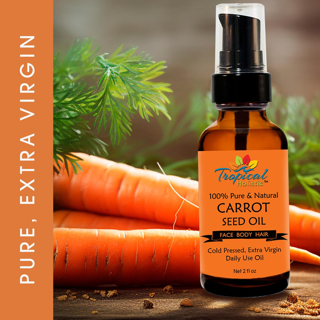 100% pure organic carrot seed oil 2 oz - unrefined cold pressed extra virgin for face, hair, body, nails, massage oil by tropical holistic