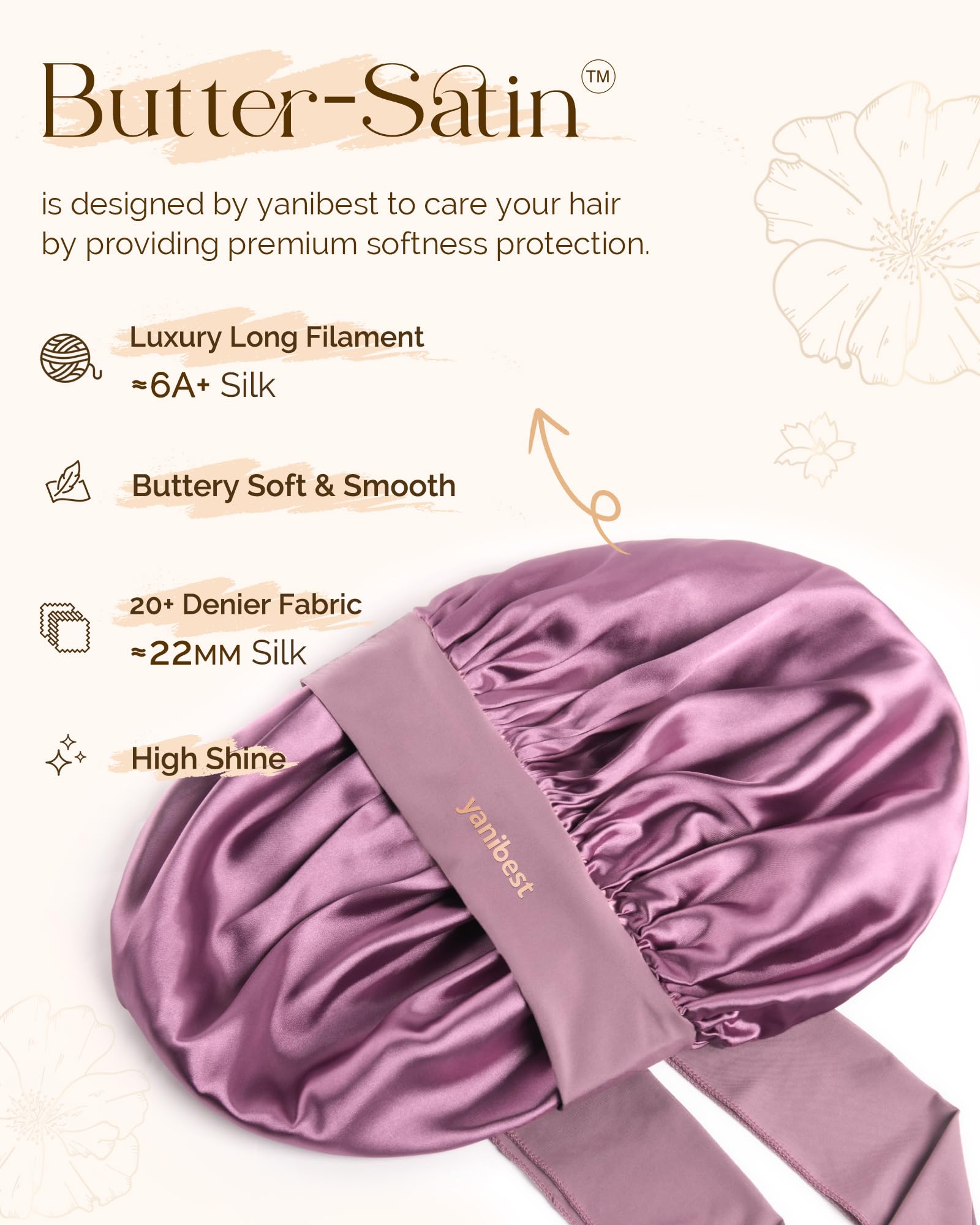 YANIBEST Silk Bonnet for Sleeping Women, Satin Hair Bonnet with Tie Band, Night Sleep Cap Wrap for All Hair Types Purple