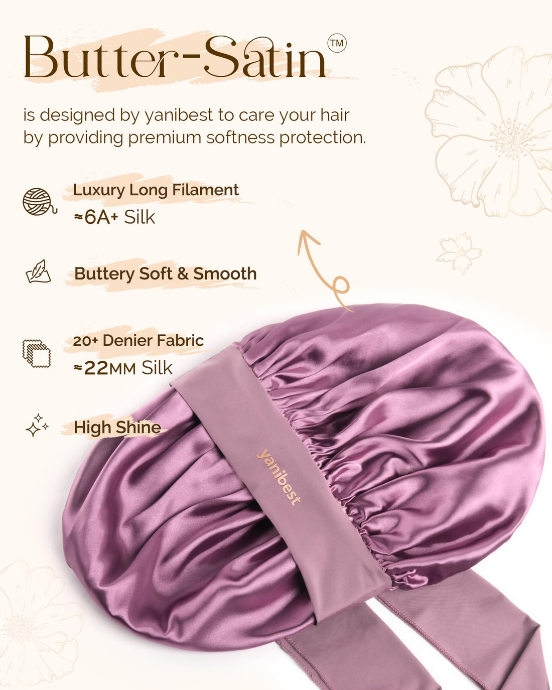 YANIBEST Silk Bonnet for Sleeping Women, Satin Hair Bonnet with Tie Band, Night Sleep Cap Wrap for All Hair Types Purple