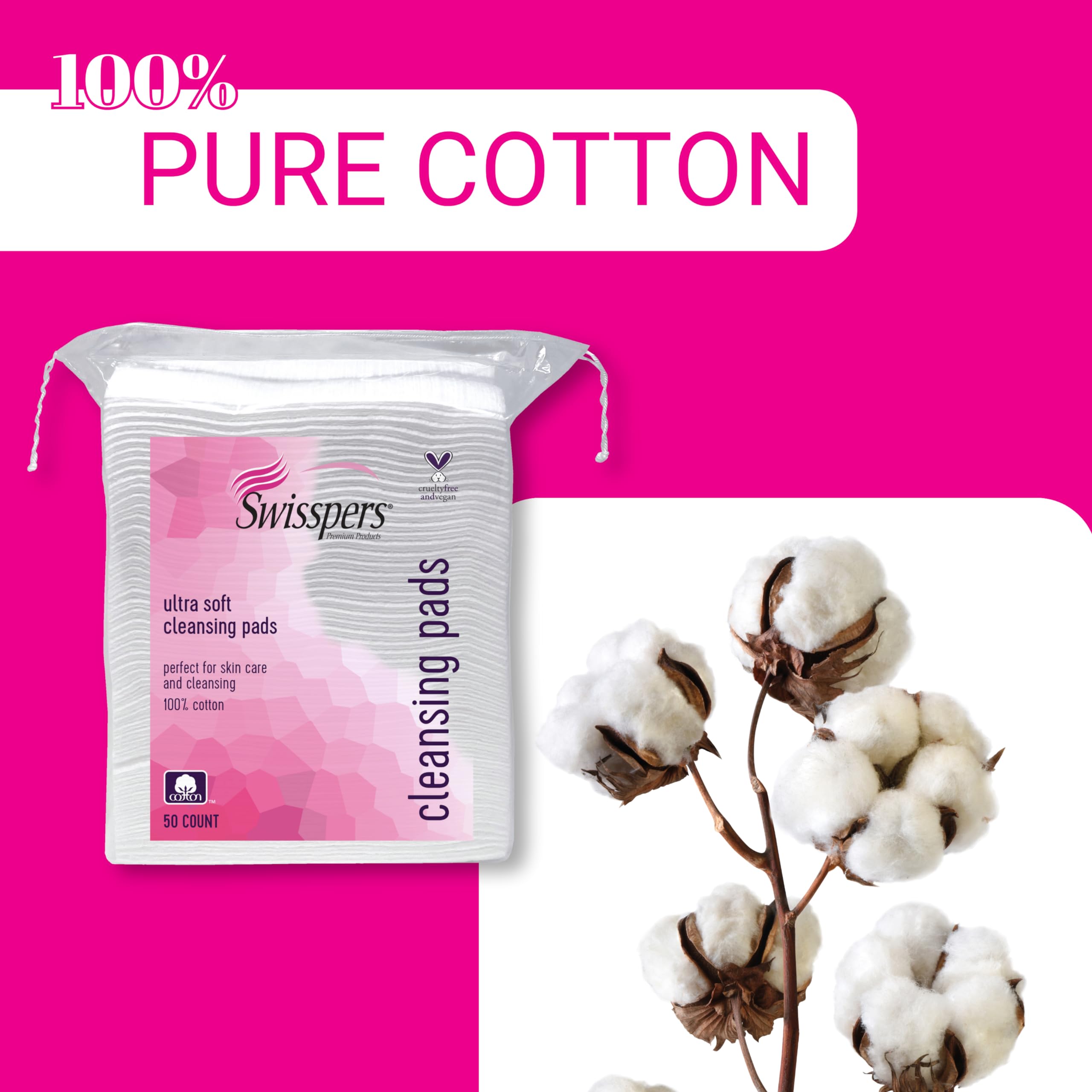 Swisspers Premium Cotton Facial Cleansing Pad, 50 Count