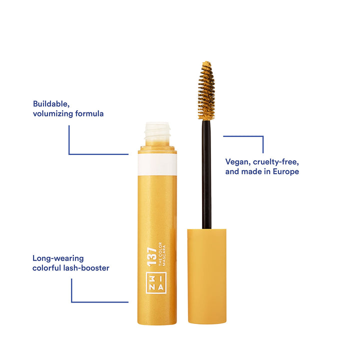 3INA The Color Mascara 137 - Yellow Colored Mascara Coats Eyelashes With Fun Color - Washable, Clump Free, Volumizing Mascara in Bold Colors - Colorful Vegan and Cruelty Free Makeup - 0.47 Fl. Oz
