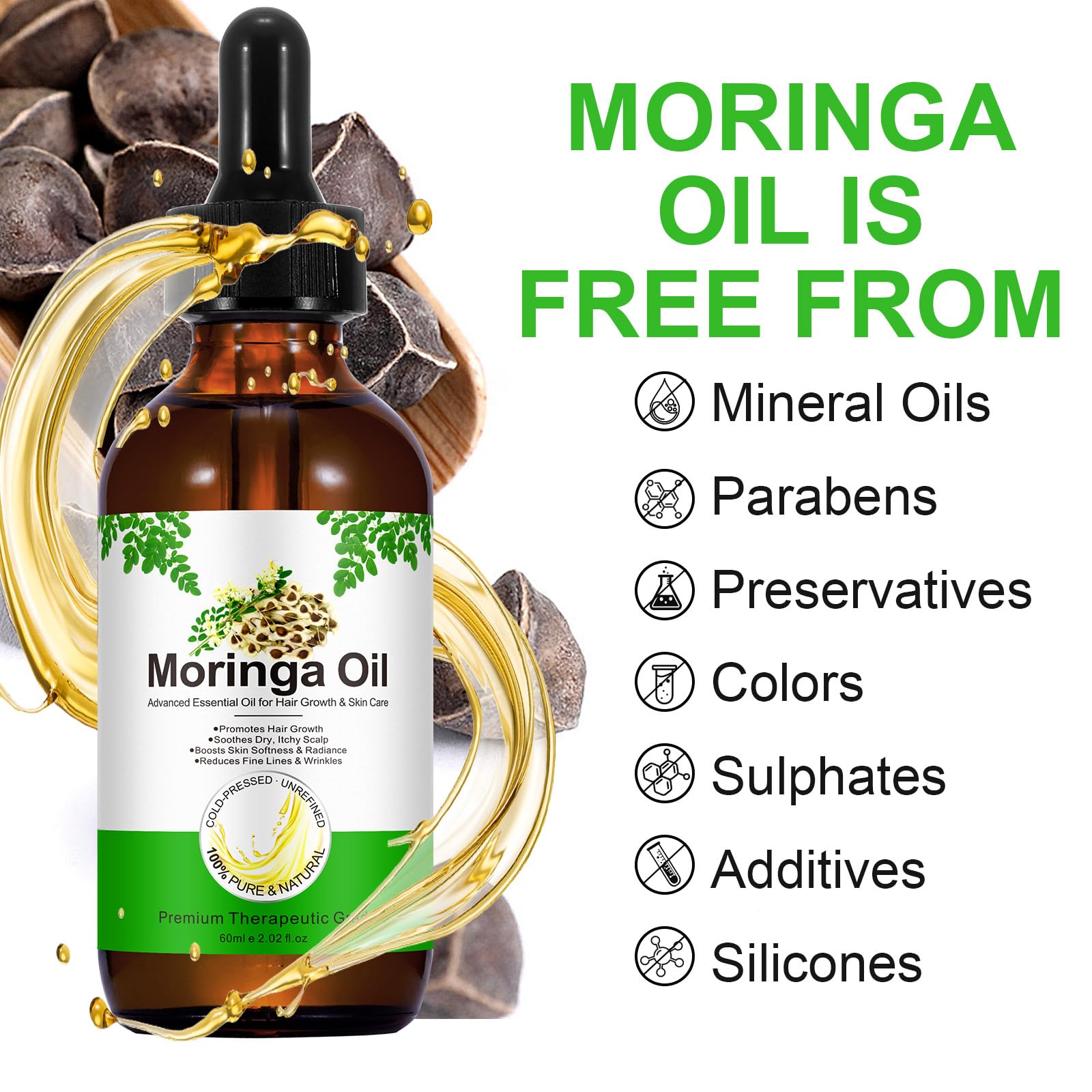 2Pack Moringa Oil 2.02 fl.oz, Pure Natural Organic Cold-Pressed Glass Bottle Moringa Oil for Hair Growth, Moringa Seed Oil for Face, Skin & Body Care, Anti-Aging, Nourish Hair, Scalp & Body Massage