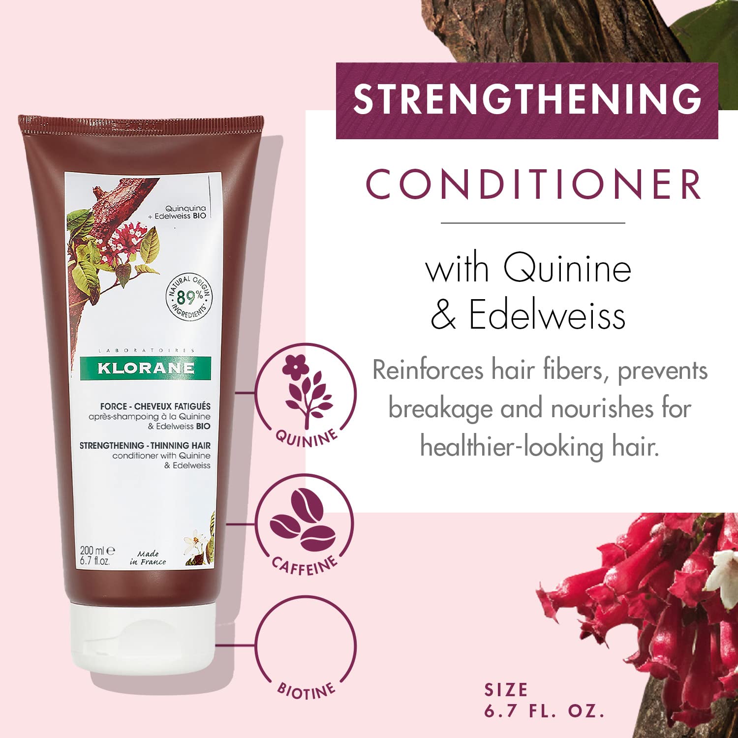 Klorane Strengthening Conditioner with Quinine and Edelweiss for Thinning Hair, Supports Thicker, Stronger, Healthier Hair, For Men and Women, Paraben, Silicone and Sulfate Free