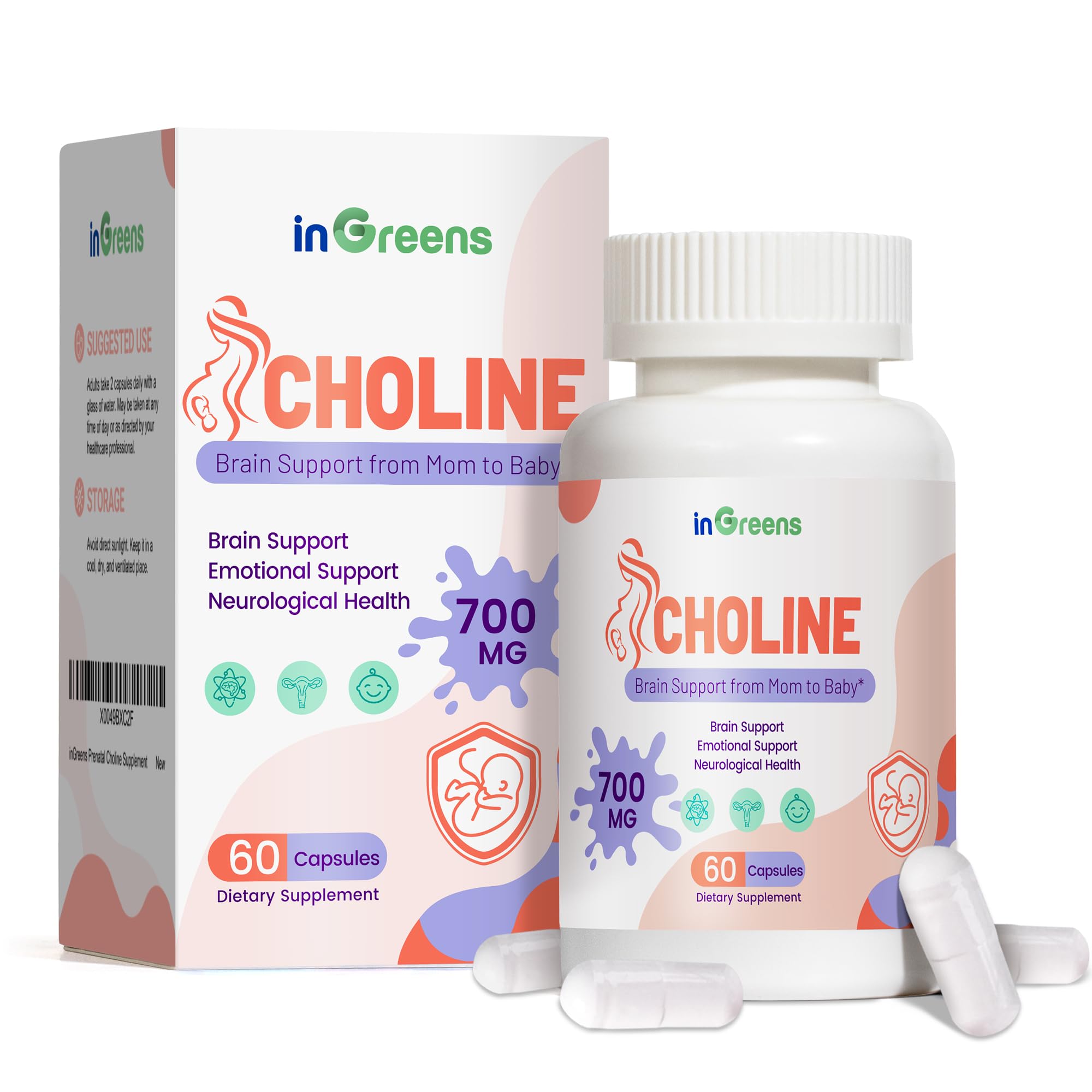 inGreens Prenatal Choline Supplement, 500mg, with Inositol, B1, B6, Brain Development in Utero/Early Life, Increase The Choline Content in Breast Milk,30 Day Supply