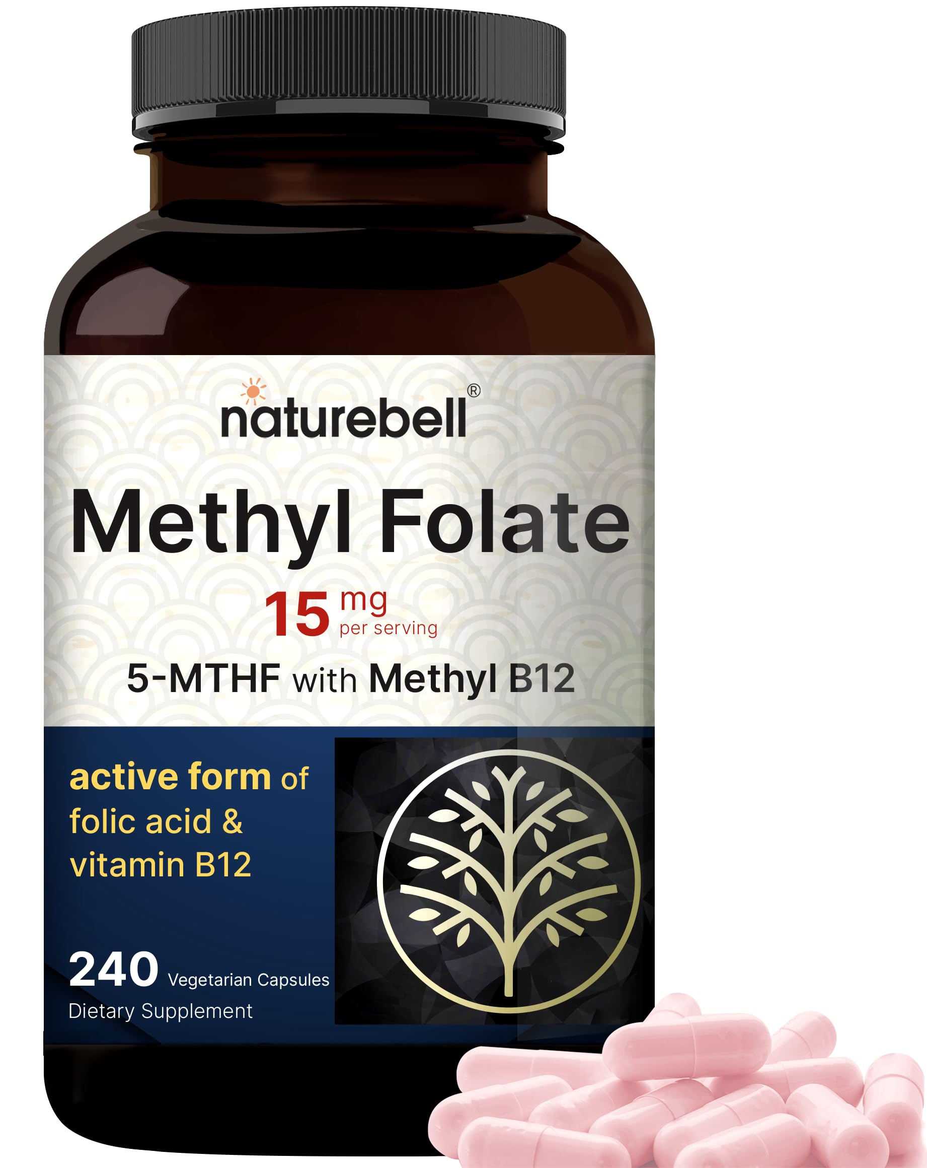 NatureBell L Methylfolate 15mg, 240 Veggie Capsules | 5-MTHF with Methyl B12 1,000mcg | High Potency Dual Action for Energy & Cognitive Support, Active Folic Acid – Methyl Folate Supplement