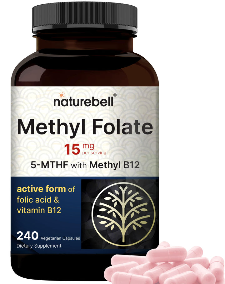 NatureBell L Methylfolate 15mg, 240 Veggie Capsules | 5-MTHF with Methyl B12 1,000mcg | High Potency Dual Action for Energy & Cognitive Support, Active Folic Acid – Methyl Folate Supplement