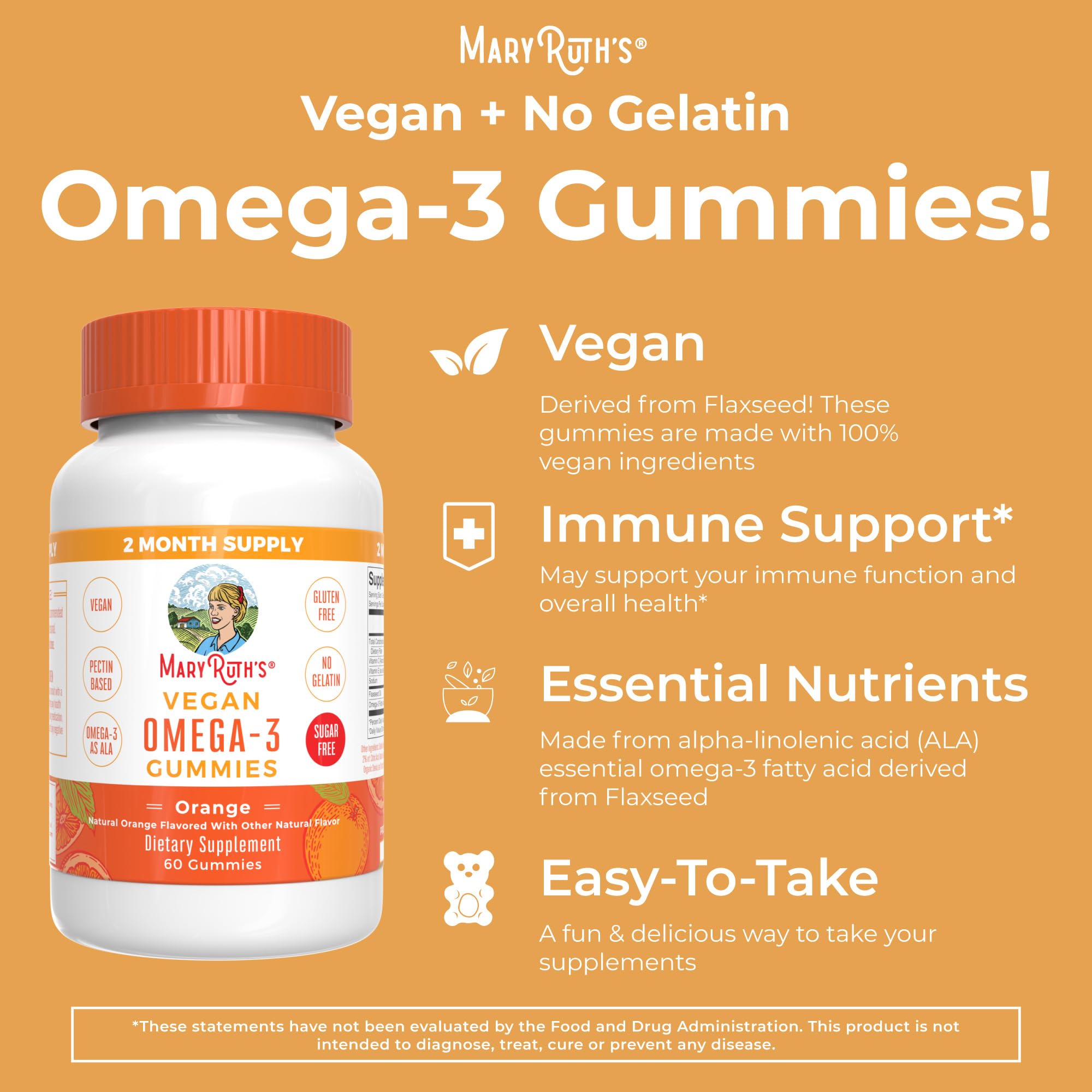 MaryRuth Organics Vegan Omega 3 Gummies for Adults | 2 Month Supply | Sugar Free Supplement with Vitamin C | Flaxseed Oil Immune Support | Overall Wellness | No Fish Taste | 60 Count