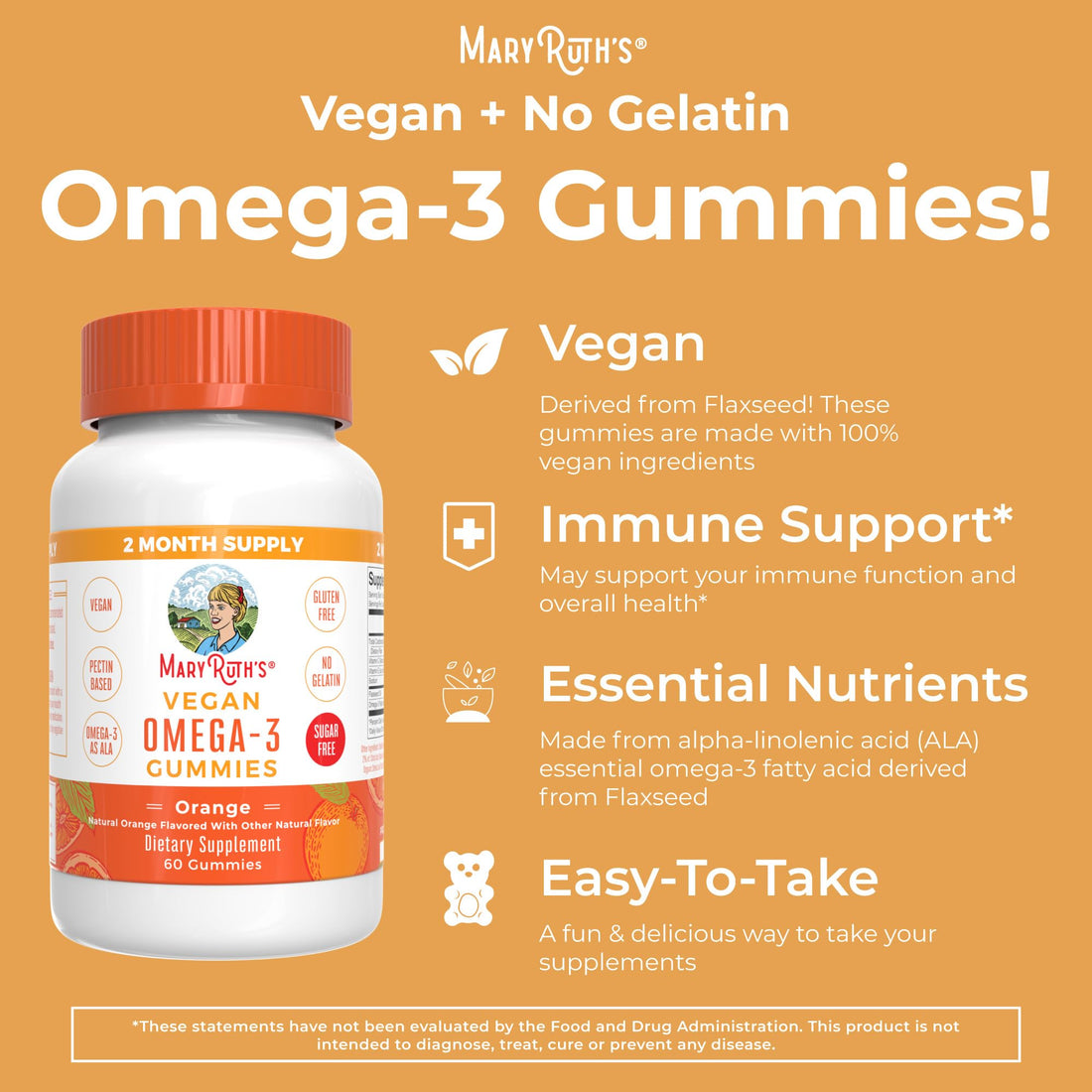 MaryRuth Organics Vegan Omega 3 Gummies for Adults | 2 Month Supply | Sugar Free Supplement with Vitamin C | Flaxseed Oil Immune Support | Overall Wellness | No Fish Taste | 60 Count