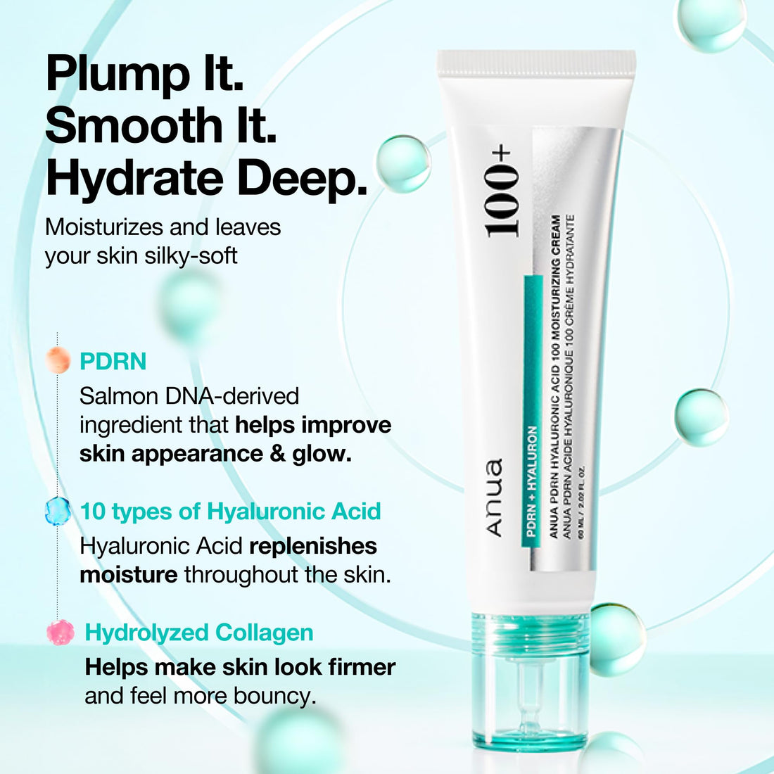 ANUA PDRN Hyaluronic Acid 100 Moisturizing Cream, Lightweight Hydrating Moisturizer with Salmon PDRN, Hyaluronic acid, Collagen for Glass Skin, Korean Skin Care (60ml / 2.02 fl. oz)