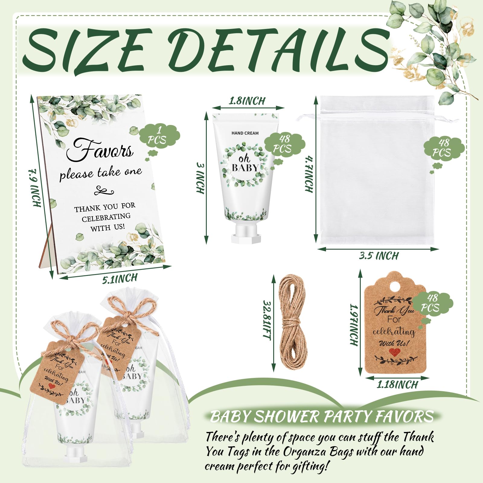 Dansib 48 Sets Baby Shower Hand Lotion Gifts for Guest Party Favors Travel Size Hand Lotion Bulk with Organza Bags Thank You Cards Wooden Sign Baby Shower Games Party Gifts(Green,Eucalyptus)