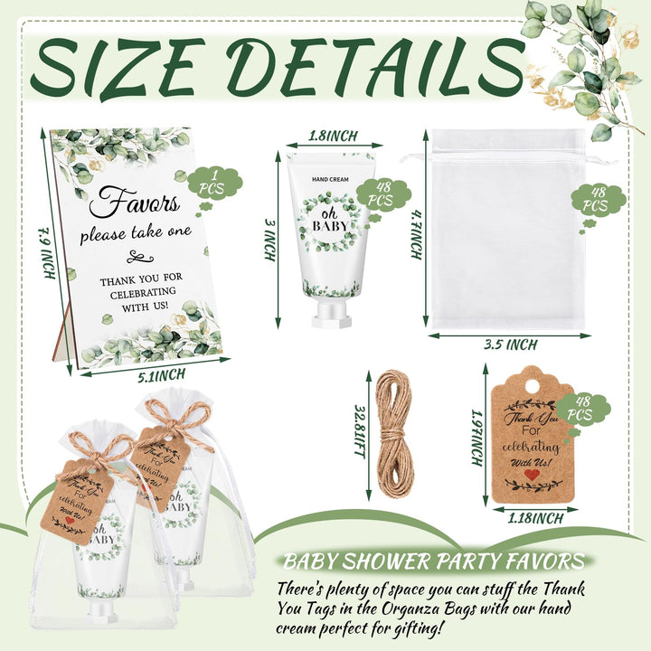 Dansib 48 Sets Baby Shower Hand Lotion Gifts for Guest Party Favors Travel Size Hand Lotion Bulk with Organza Bags Thank You Cards Wooden Sign Baby Shower Games Party Gifts(Green,Eucalyptus)