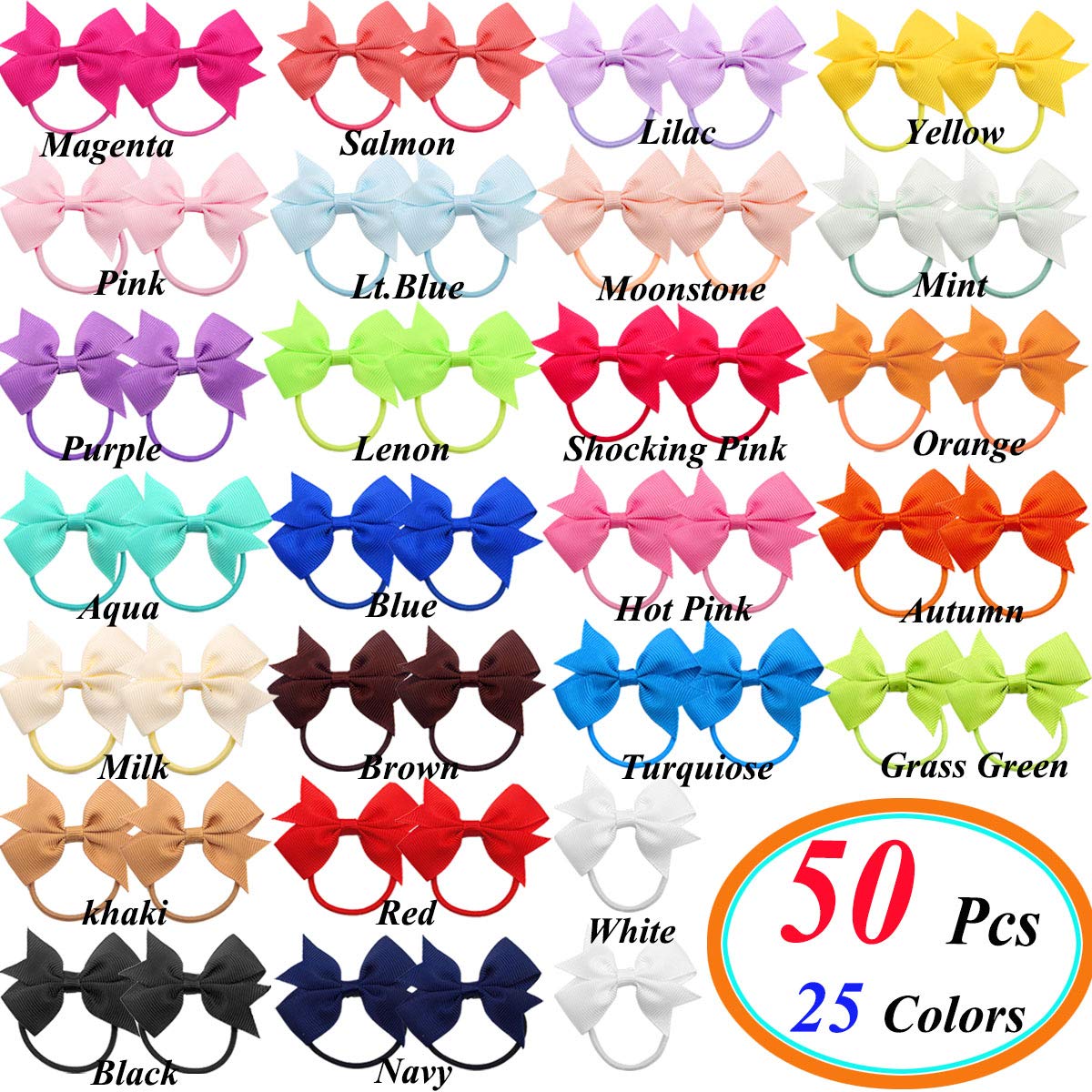 Baby Hair Ties with Bows,50pcs 2inch Baby Hair Bows Durable Rubber Bands Ponytail Holders Toddler Essential Hair Accessories for Infants Baby Girls in Pairs