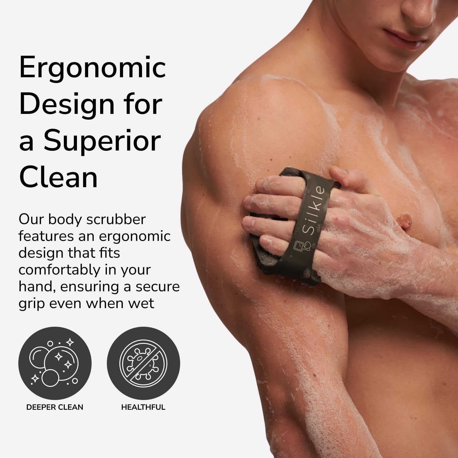 SILKLE Silicone Body Scrubber - Exfoliating Bath Brush and Skin Cleanser - Shower Sponge for Gentle Body Scrub and Wash - Silicone Scrubbing Care Tool for a Refreshed and Renewed You - Black