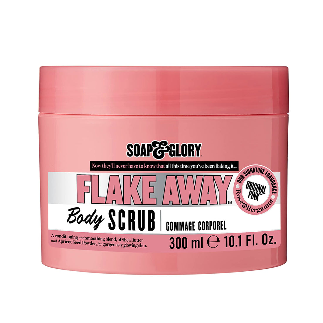 Soap & Glory Original Pink Flake Away Exfoliating Body Scrub - Smoothing & Buffing Vegan Body Scrub - Floral Scented Body Polish with Shea Butter, Sea Salt & Sweet Almond Oil (300ml)