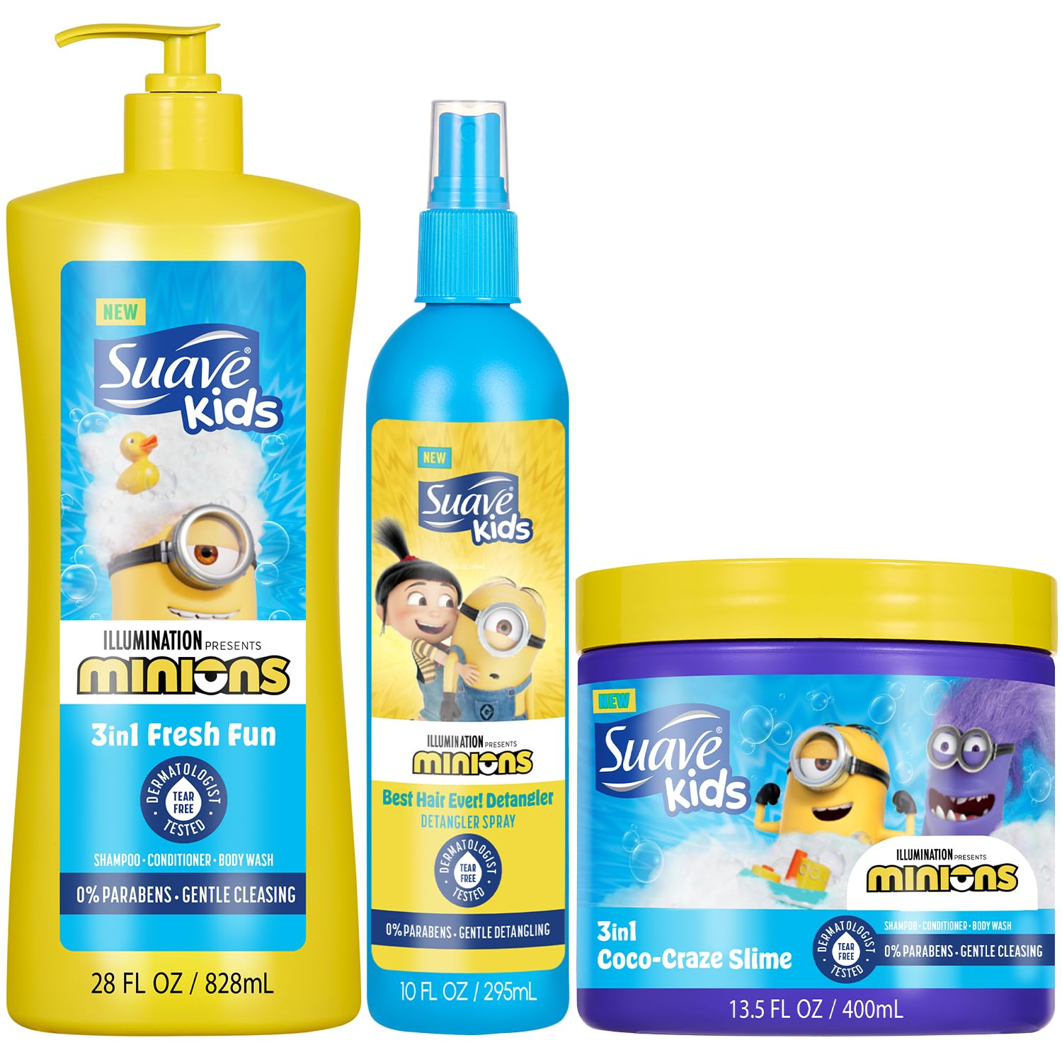 Suave Kids Minions Hair Products Bundle –3-in-1 Coco-Craze Slime & Fun Fresh Shampoo, Conditioner & Body Wash + Detangler Spray, 28 Oz Ea (3 Piece Set)