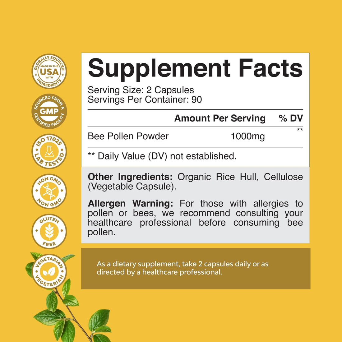 Bee Pollen Supplement 1000mg per Serving - Pure Bee Pollen Capsules with Naturally Occurring B Vitamins Minerals & Enzymes - Pills Made Vegetarian Non-GMO & Gluten Free (90 Servings)