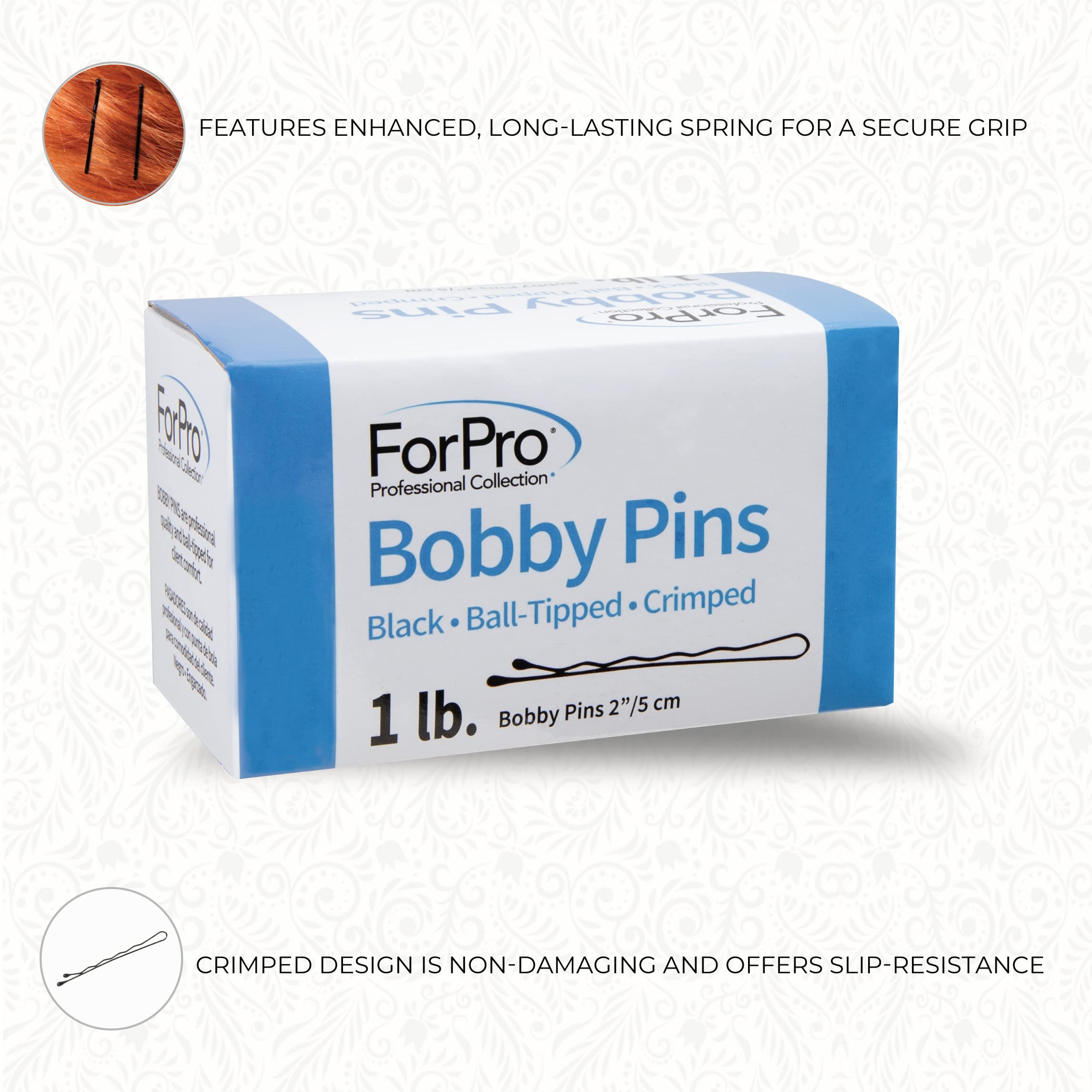 ForPro Bobby Pins, Black, Ball-Tipped, Crimped, Non-Slip, Non-Damaging, 2ââ‚¬Â L, 1 Lb.
