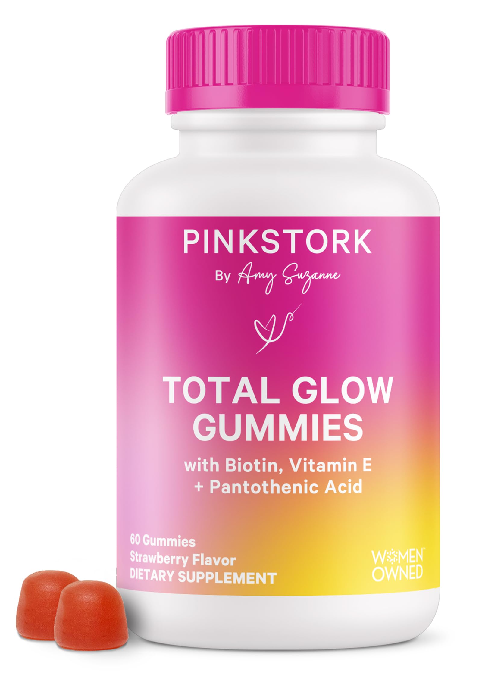 Pink Stork Total Glow Gummies - Hair, Skin, and Nails Vitamins - 11 Vitamins & Nutrients - Biotin, Vitamin A, B6, B12, Folate - Beautiful Hair, Radiant Skin, and Strong Nails - 60 Berry Biotin Gummies