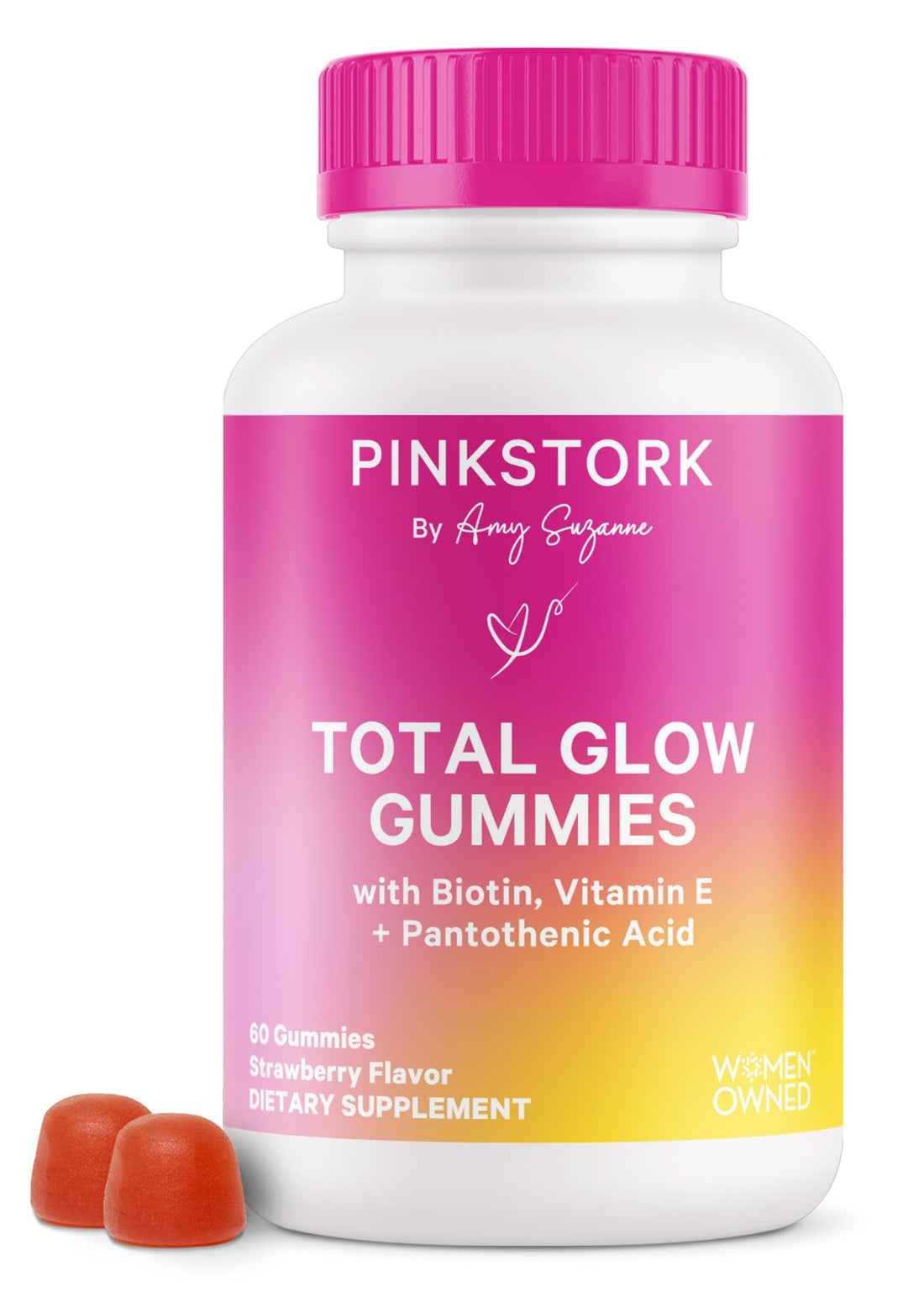 Pink Stork Total Glow Gummies - Hair, Skin, and Nails Vitamins - 11 Vitamins & Nutrients - Biotin, Vitamin A, B6, B12, Folate - Beautiful Hair, Radiant Skin, and Strong Nails - 60 Berry Biotin Gummies