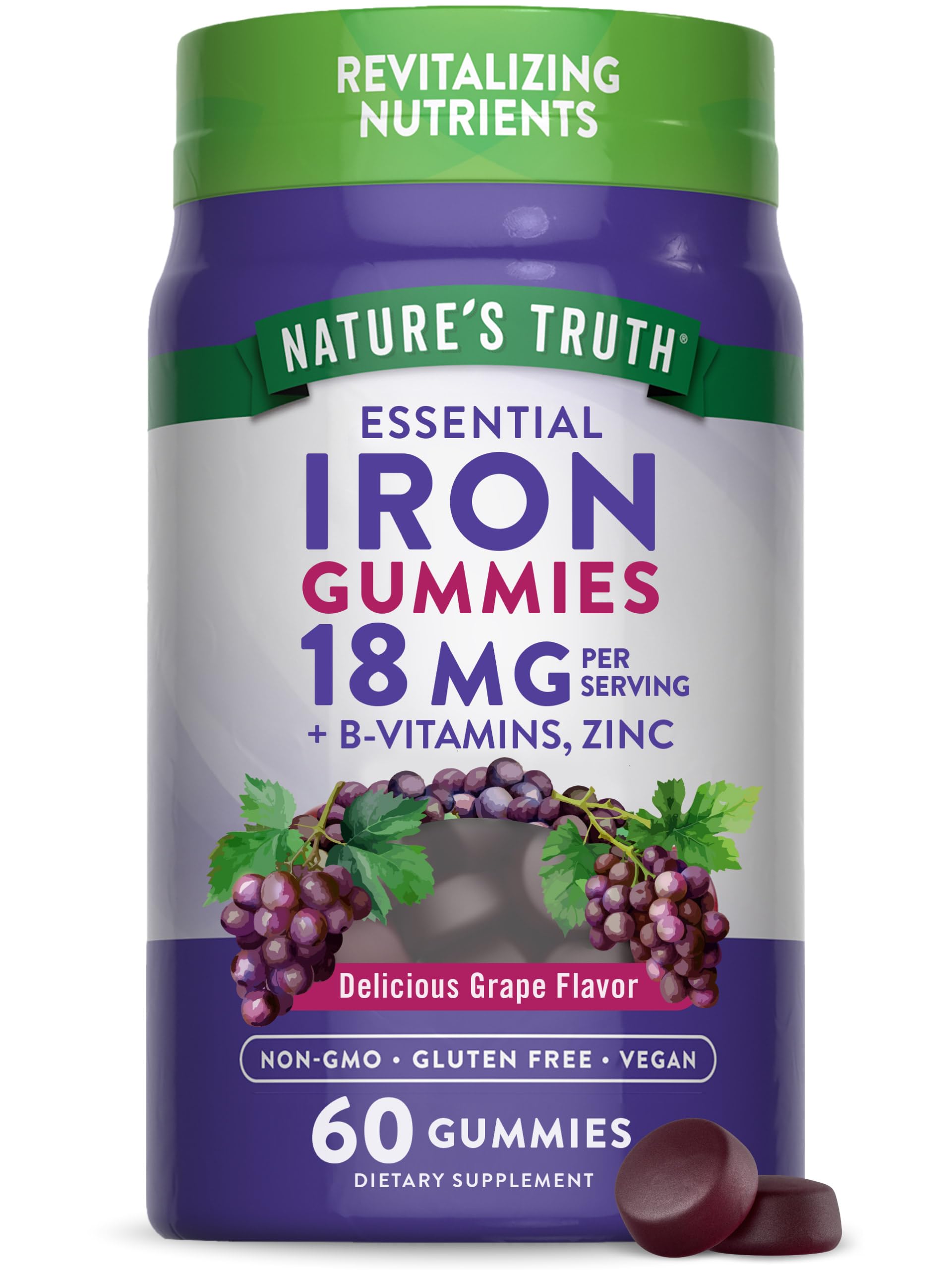 Natures Truth Iron Gummies | 60 Count | Vegan, Non-GMO & Gluten Free Supplement | with Zinc & B Vitamins | Grape Flavor