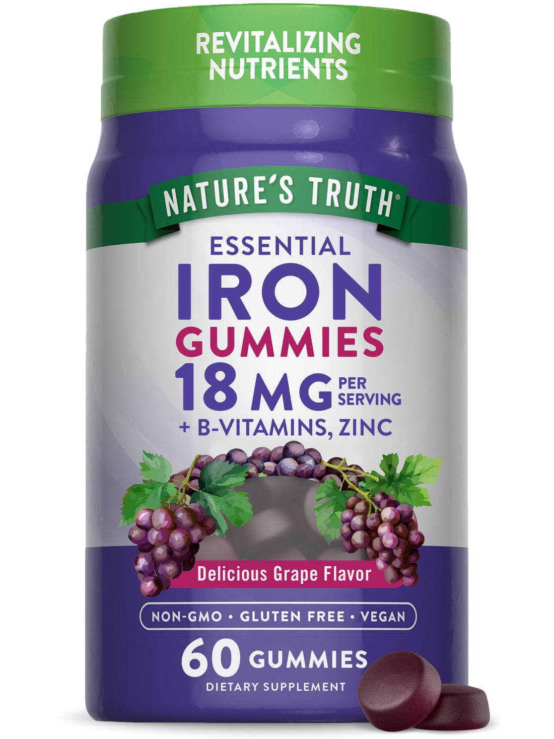 Natures Truth Iron Gummies | 60 Count | Vegan, Non-GMO & Gluten Free Supplement | with Zinc & B Vitamins | Grape Flavor