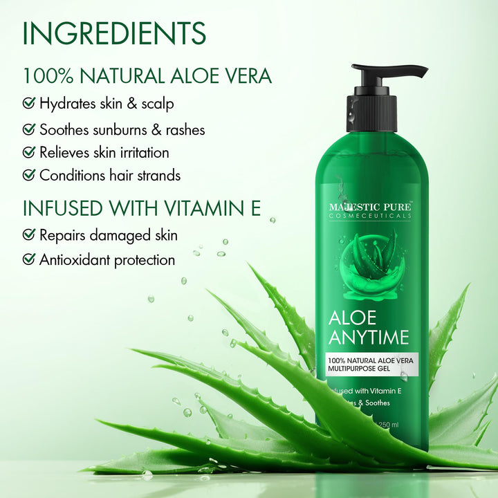Majestic Pure Aloe Vera Gel for Face and Hair - with vitamin E, Soothes, Moisturizes, & Nourishes Skin & Hair, Soothes Sunburn | 8.5 Fl Oz