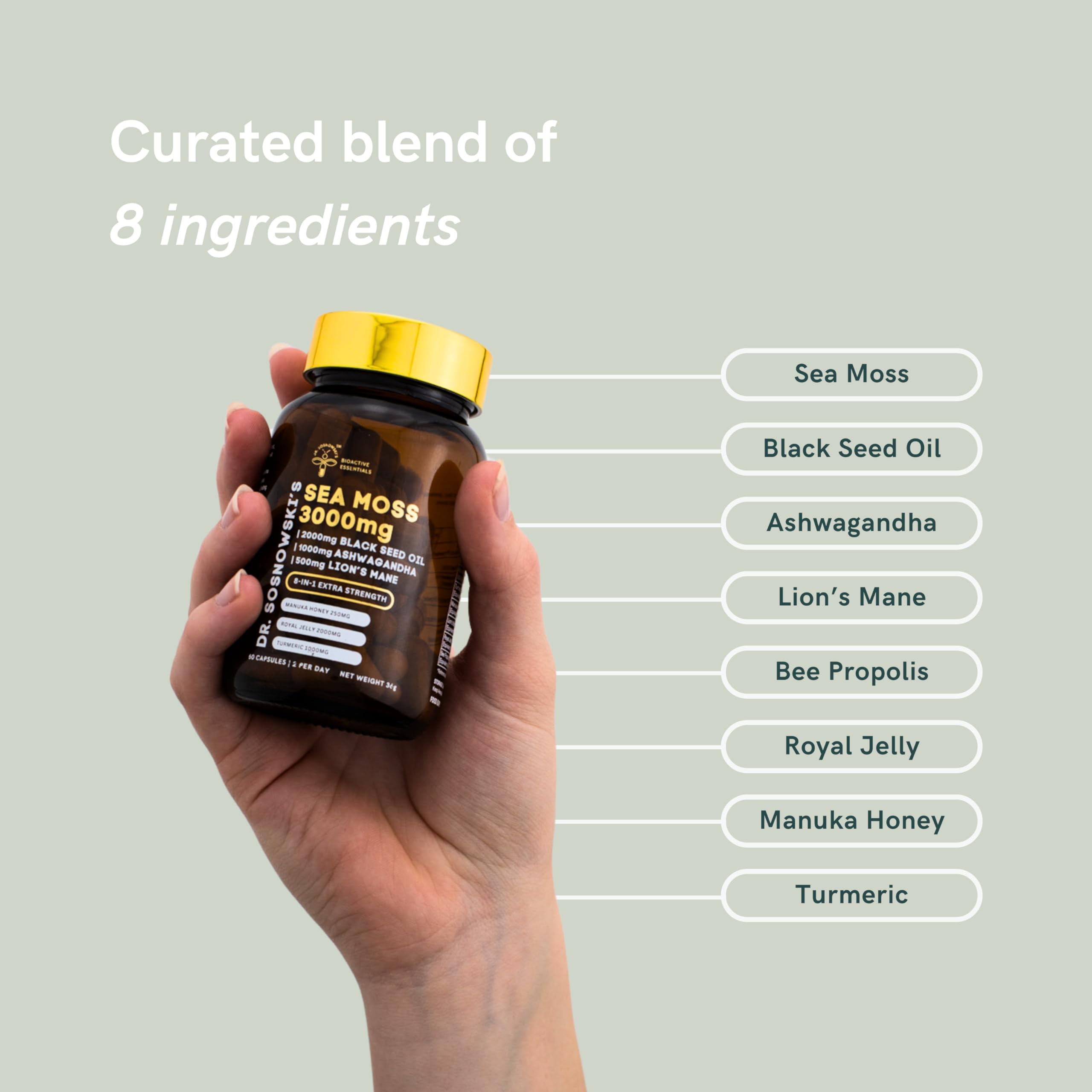 Dr Sosnowski's BioActive Seamoss 8-in-1 Formula Enriched with Black Seed, Ashwagandha, Turmeric, Manuka Honey, Lion's Mane, Royal Jelly, Bee Propolis Extract| 60 Capsules