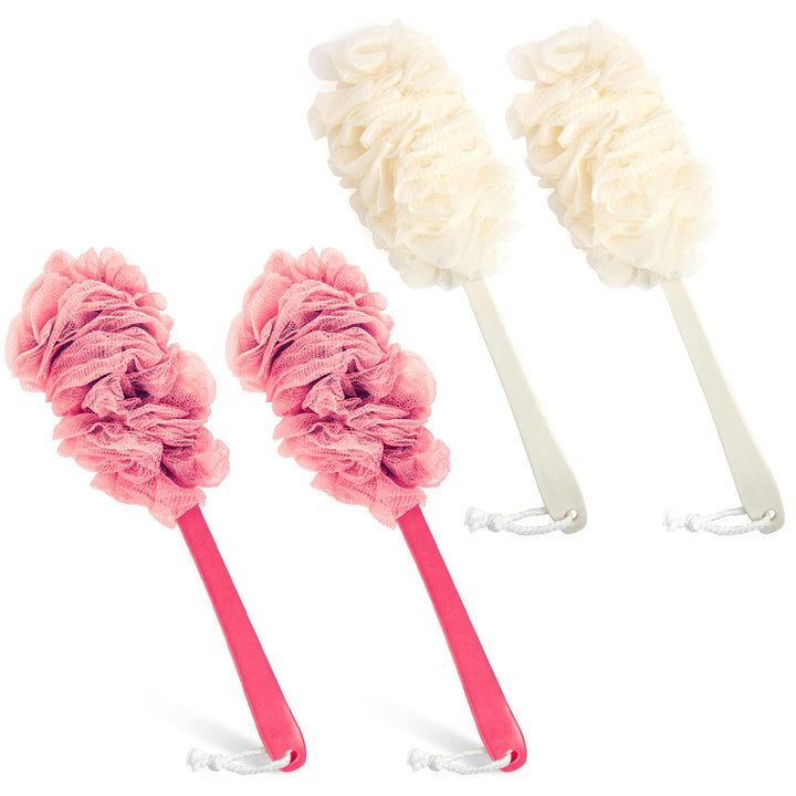 4Pack Back Scrubber for Shower, Evmliy Loofah Sponge Brush Exfoliating Body, Long Handle Scrub Brush for Shower with Loofah on a Stick for Back Use, Bathing Accessories Body Brushes (4Pack)