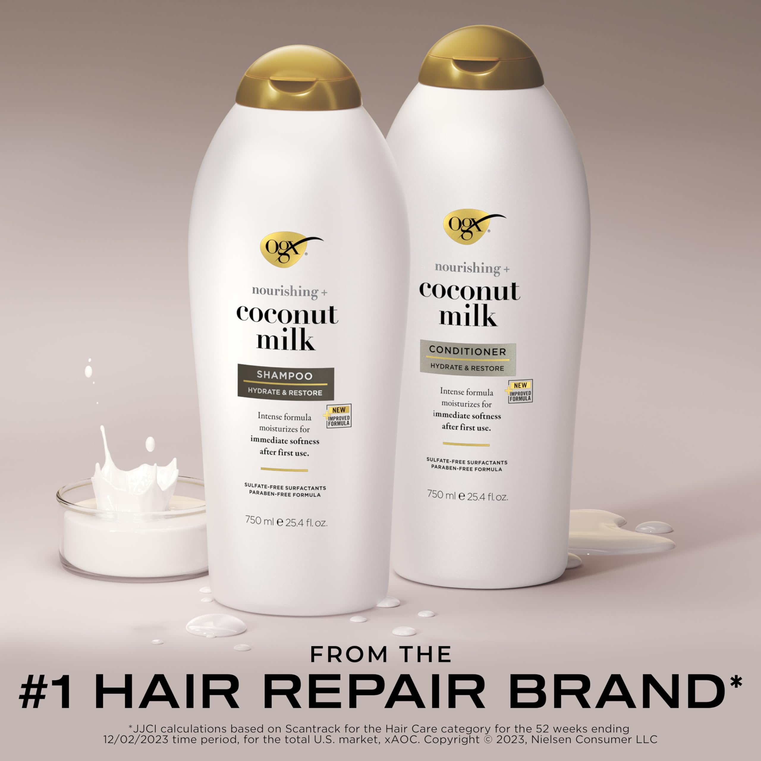 OGX Nourishing + Coconut Milk Shampoo & Conditioner Set, Hydrating & Restoring Moisturizes for Soft Hair After the First Use, Sulfate-Free Surfactants, 4 Items, 4 x 25.4 fl. Oz