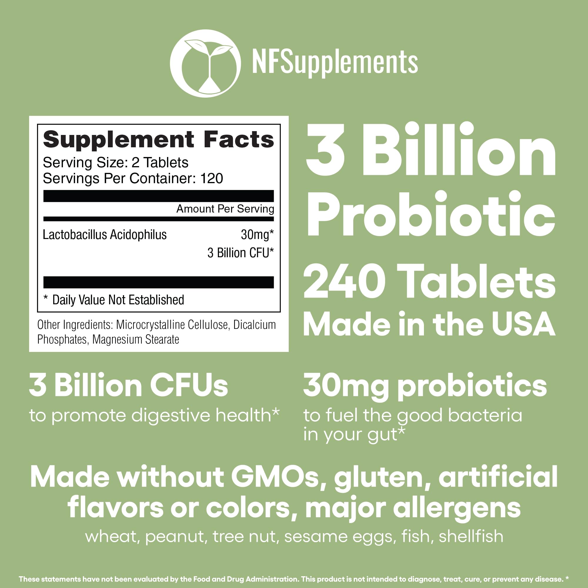 Lactobacillus Acidophilus Probiotic Supplement 240 Tablets 3 Billion CFU Probiotics for Men & Women Supports Intestinal Digestive & Gut Health Made in The USA (240, Lactobacillus Acidophilus)