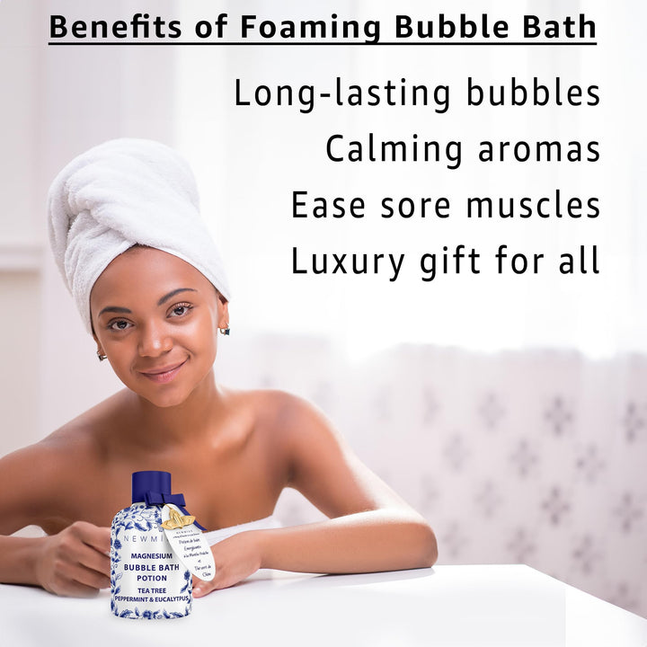 Magnesium Bubble Bath Long Lasting Foam for Sore Muscles Recovery Tea Tree Peppermint Eucalyptus Relaxing Stress Relief Calming Self Care Spa Gift