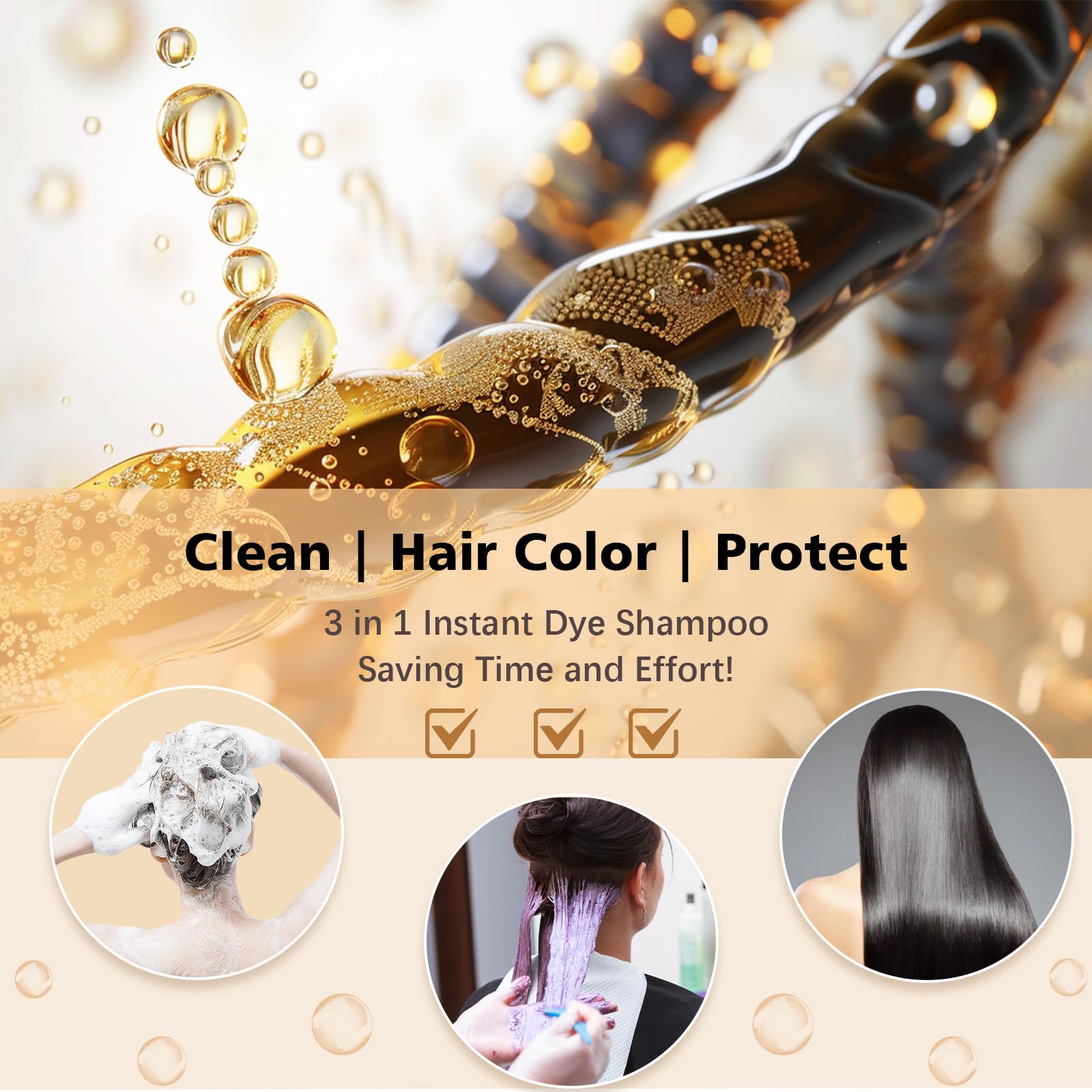 Hair Dye Shampoo 3 in 1, Semi-Permanent Gray Coverage for Women & Men, Long-Lasting Hair Color Shampoo with Herbal Ingredients, Instant Natural Hair Dye, Champu Para Canas 16.9 Fl Oz (Dark Brown)