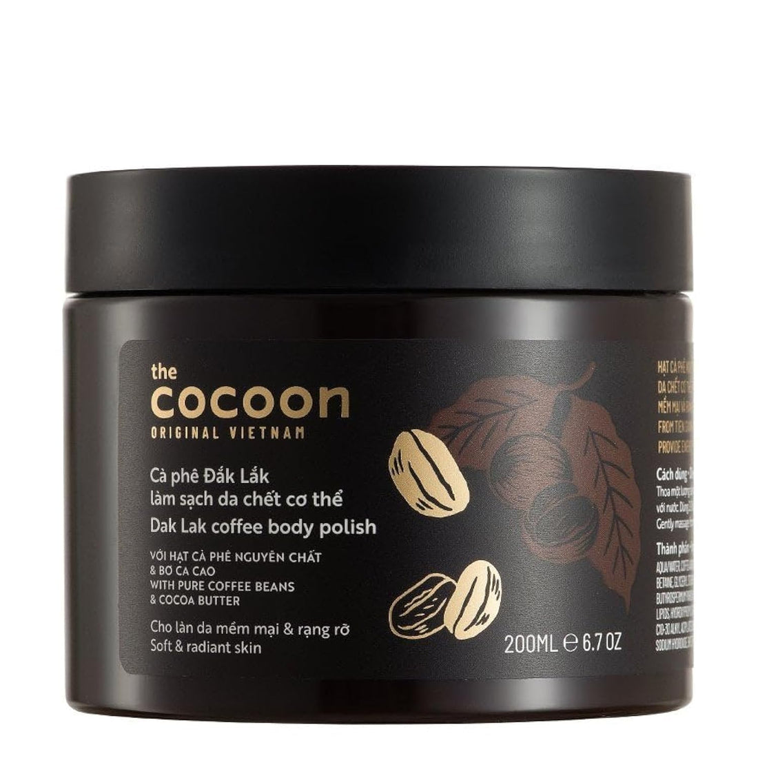 Cocoon Dak Lak Coffee Body Polish with Coconut & Shea Butter. 100% Vegan Exfoliating Scrub for Smooth & Glowing Skins | Reduce Stretch Marks, Acne & Cellulite | Gift for Coffee Lovers (6.76 fl oz)