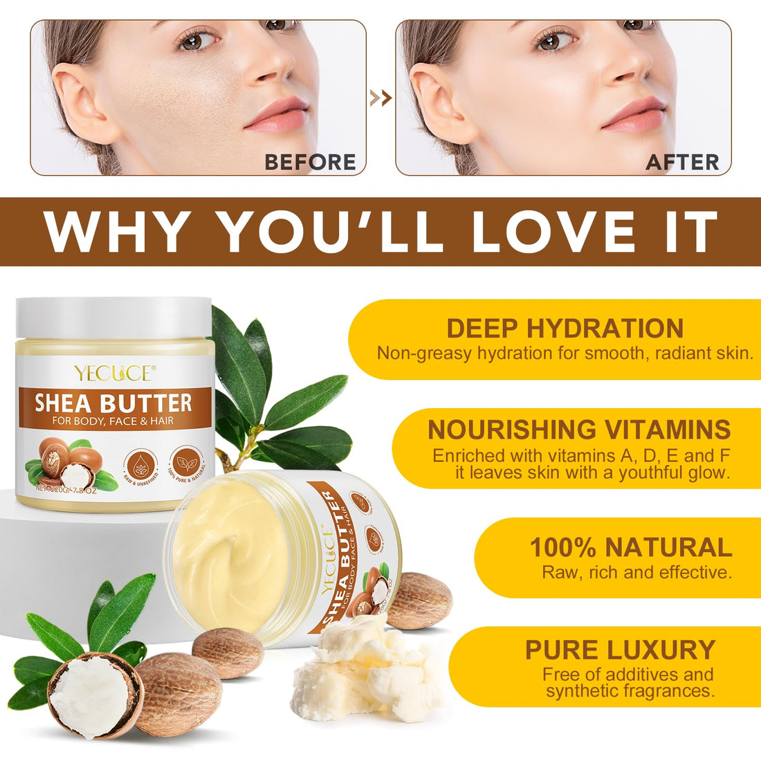 Verdlush Shea Butter, Shea Butter Raw Organic, Cold Unrefined Body Butter for Dry, Cracked Skin, Deep Nourishment, Natural Moisturizer
