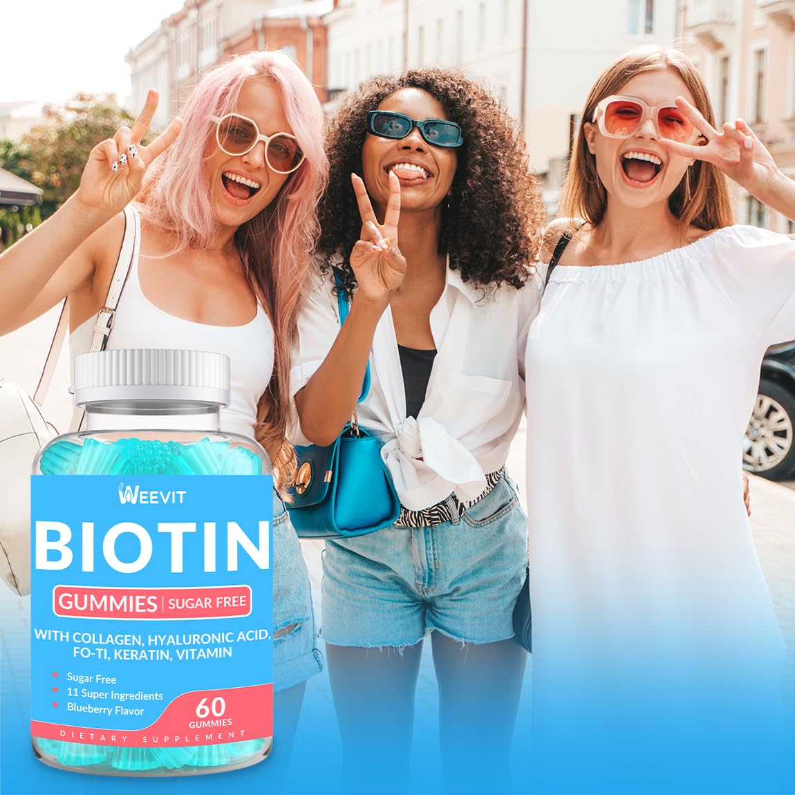 WEEVIT Sugar-Free Biotin Gummies, Biotin and Collagen Gummies with Keratin, Hyaluronic Acid for Hair Growth, Vitamin B7 Supplement Biotin Chewables for Women Men