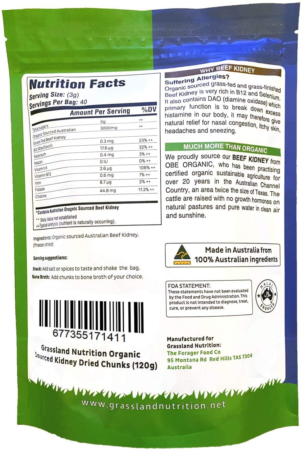 GRASSLAND NUTRITION Organic Kidney Freeze Dried Chunks (High in Selenium, B12, DAO) — Supports Kidney, Urinary, Thyroid, Histamine Health (120g)