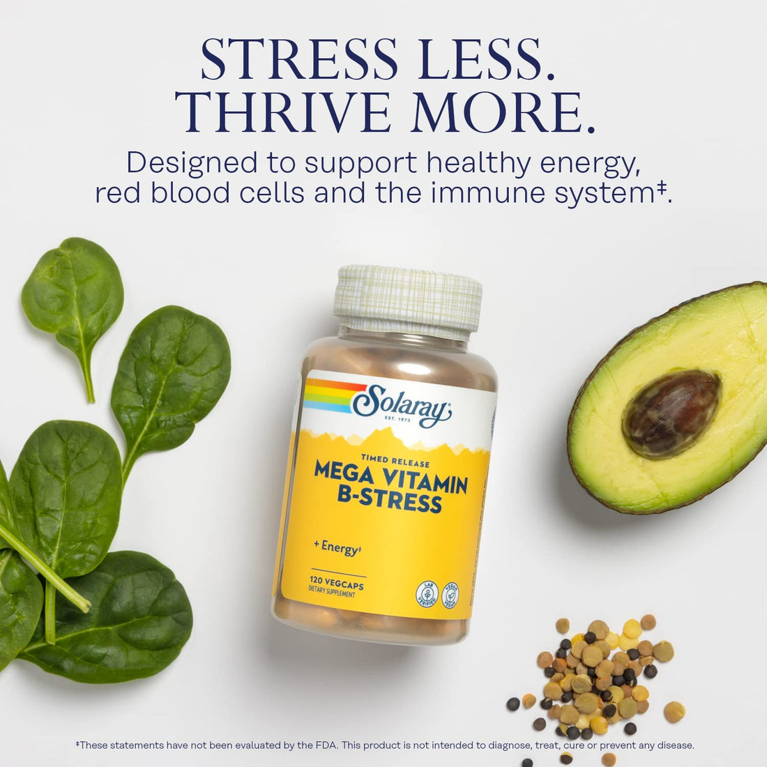 Solaray Mega Vitamin B-Stress, Timed-Release Vitamin B Complex with 1000 mg of Vitamin C for Stress, Energy, Red Blood Cell & Immune Support, 60 Day Guarantee, Vegan, 40 Servings, 120 VegCaps