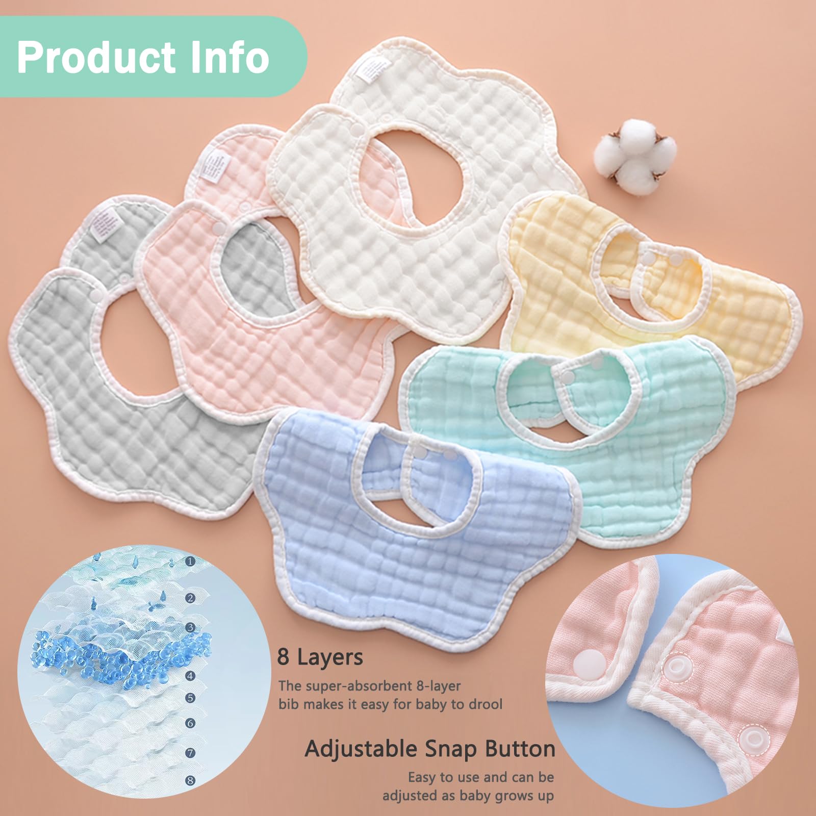 Baby Bibs Muslin Drool Teething Bibs Adjustable for Unisex Boys Girls Muslin Cotton Absorbent Soft Breathable Newborn