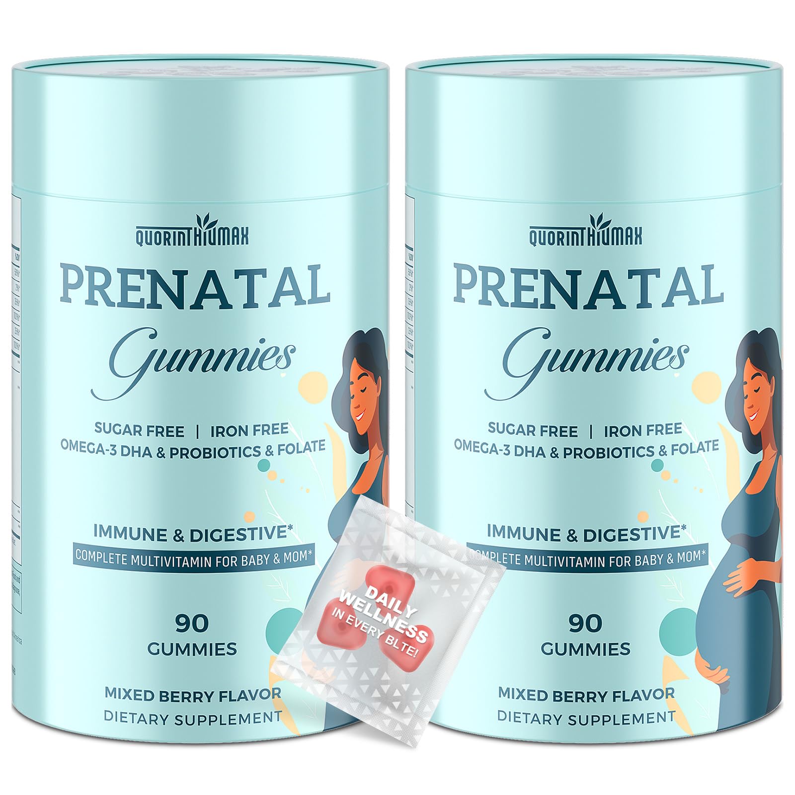 Quorinthiumax Prenatal Gummies Sugar Free 180 Count - Organics Prenatal Vitamins for Women with Folate, DHA & Probiotics - Iron Free Prenatal Vitamin Gummies for Immune & Digestive - 2 Bottles