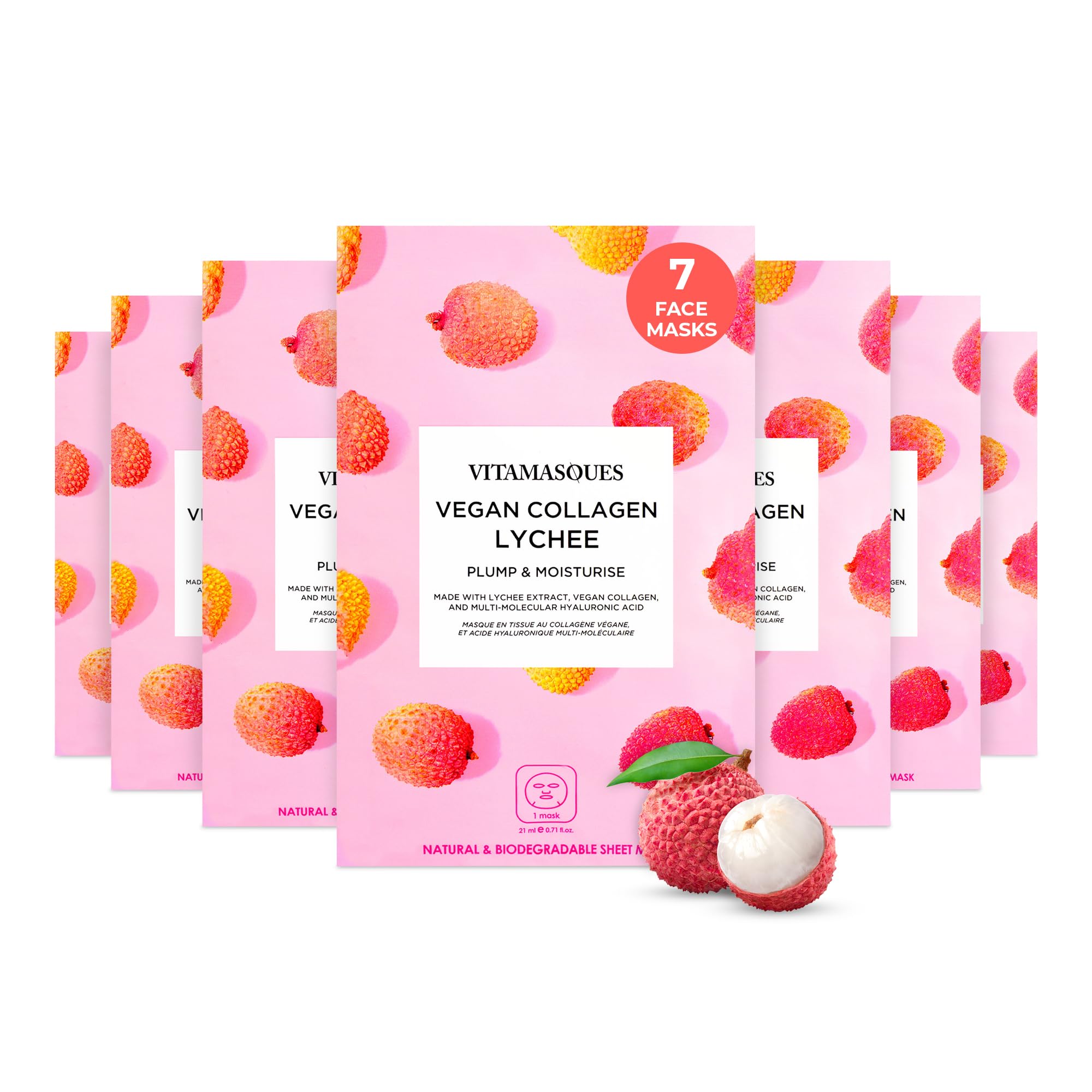 Vitamasques Vegan Collagen Lychee Face Sheet Mask Plumping & Moisturizing Korean Skin Care Facial Mask with Lychee Extract & Hyaluronic Acid - Natural & Biodegradable