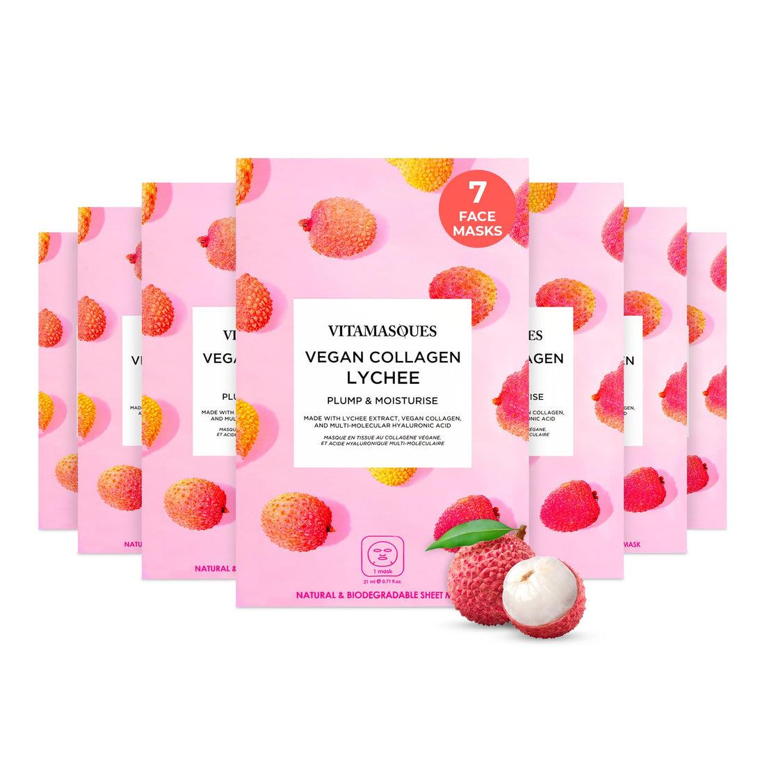 Vitamasques Vegan Collagen Lychee Face Sheet Mask Plumping & Moisturizing Korean Skin Care Facial Mask with Lychee Extract & Hyaluronic Acid - Natural & Biodegradable