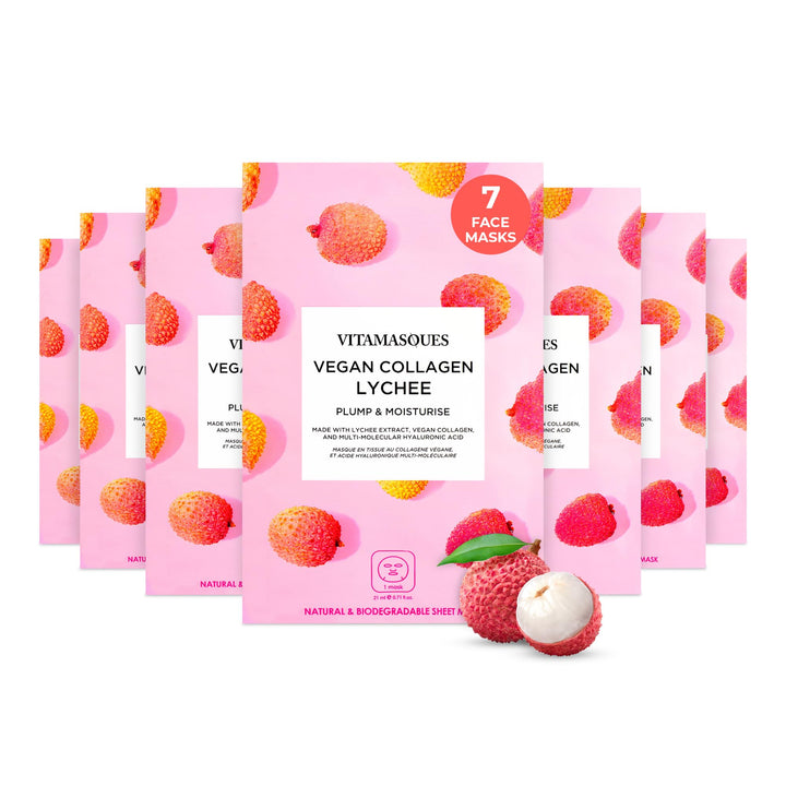 Vitamasques Vegan Collagen Lychee Face Sheet Mask Plumping & Moisturizing Korean Skin Care Facial Mask with Lychee Extract & Hyaluronic Acid - Natural & Biodegradable