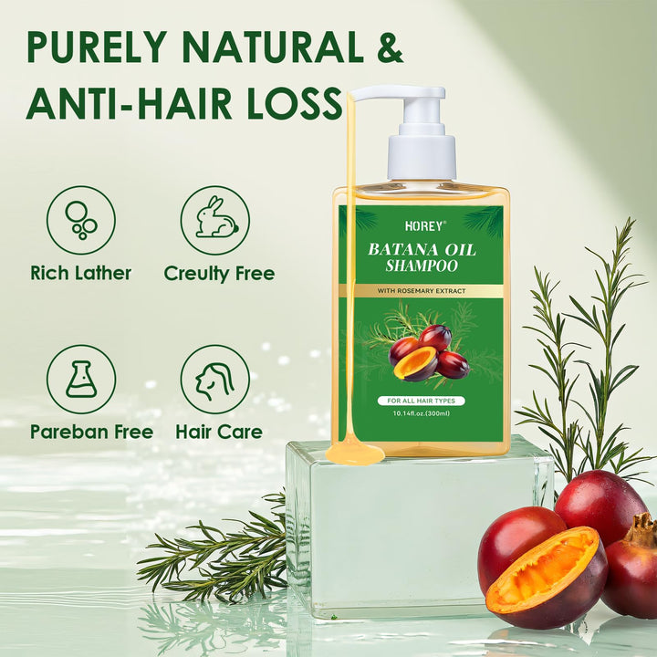 HOREY Batana Oil Shampoo with Rosemary Extract, Batana Shampoo for Hair Growth, Batana Oil & Rosemary Formula for Men Women Hair Nourishing & Regenerating, 10.14 Fl.Oz * 2 Pcs