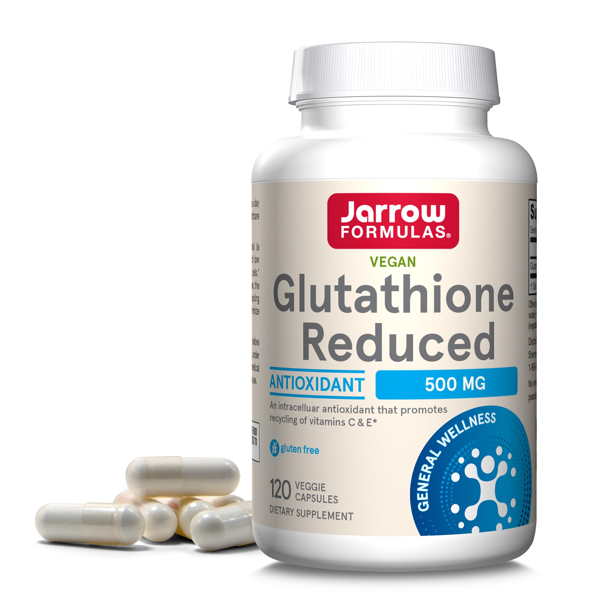 Jarrow Formulas Glutathione Reduced 500 mg - 120 Veggie Caps - Pharmaceutical Grade Glutathione - Intracellular Antioxidant - Bolsters Regeneration of Vitamin C & E Levels in Body - 120 Servings