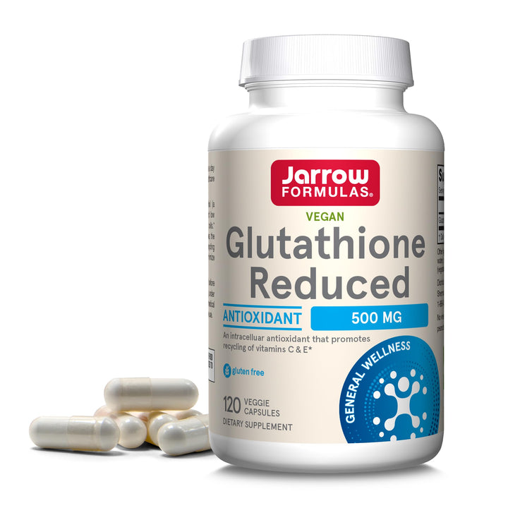 Jarrow Formulas Glutathione Reduced 500 mg - 120 Veggie Caps - Pharmaceutical Grade Glutathione - Intracellular Antioxidant - Bolsters Regeneration of Vitamin C & E Levels in Body - 120 Servings