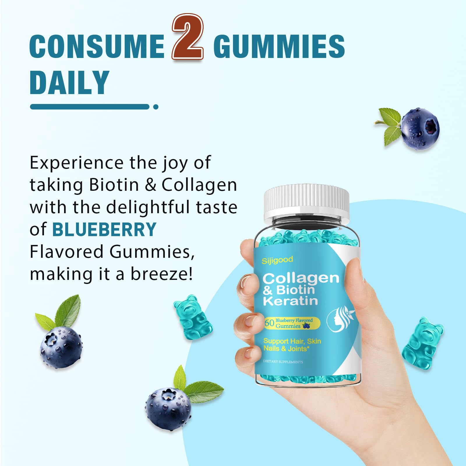 Sijigood 2 Pack Biotin Gummies with Collagen, Keratin, Hyaluronic Acid, Vitamin for Skin, Hair Growth, Nails, Women Men Adults Kids - Blueberry Flavored, 120 Gummies