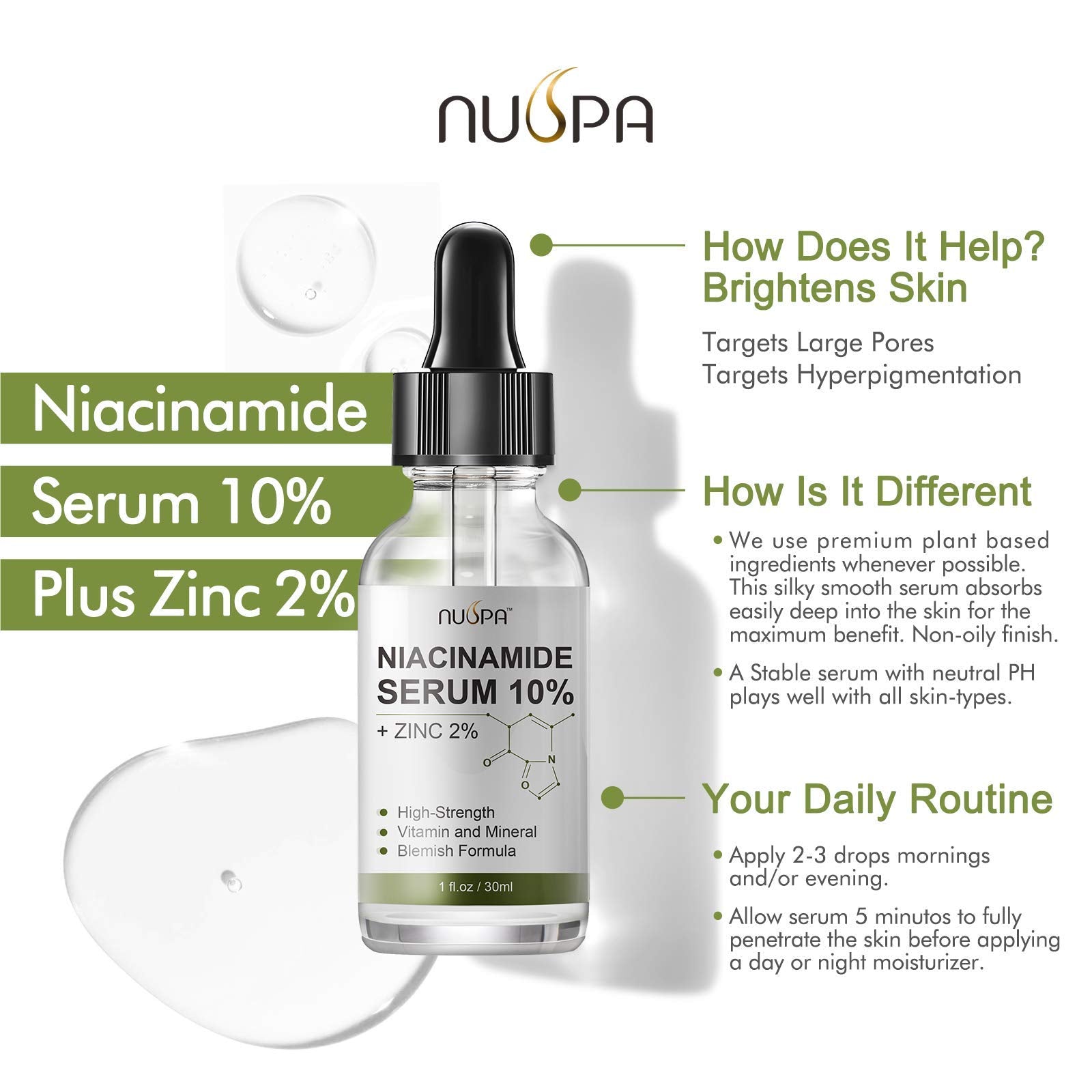 NUSPA Niacinamide Serum 10% Plus Zinc 2% for Face Skin Care Vitamin B3 Facial Serum with Hyaluronic Acid for Dry Skin and Pore SkinTreatment,Multi-Use For Face,Neck,Hand