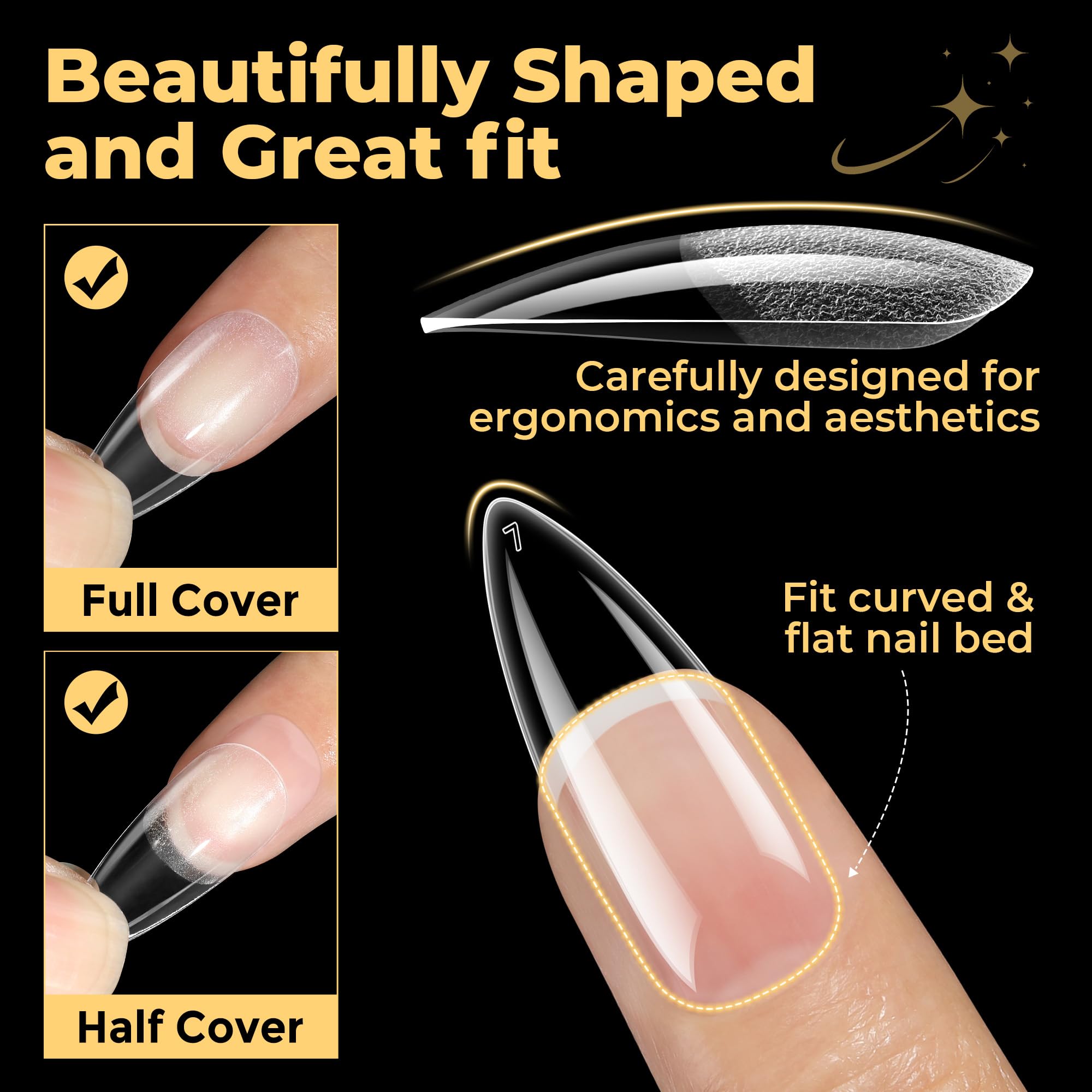 UNA GELLA Stiletto Press on Nails, 600 Pcs Medium Stiletto Nail Tips Almond Shape Pre Etched Full Cover Soft Gel Nails Tips for Nail Extensions Art DIY Salon 12 Sizes at Home