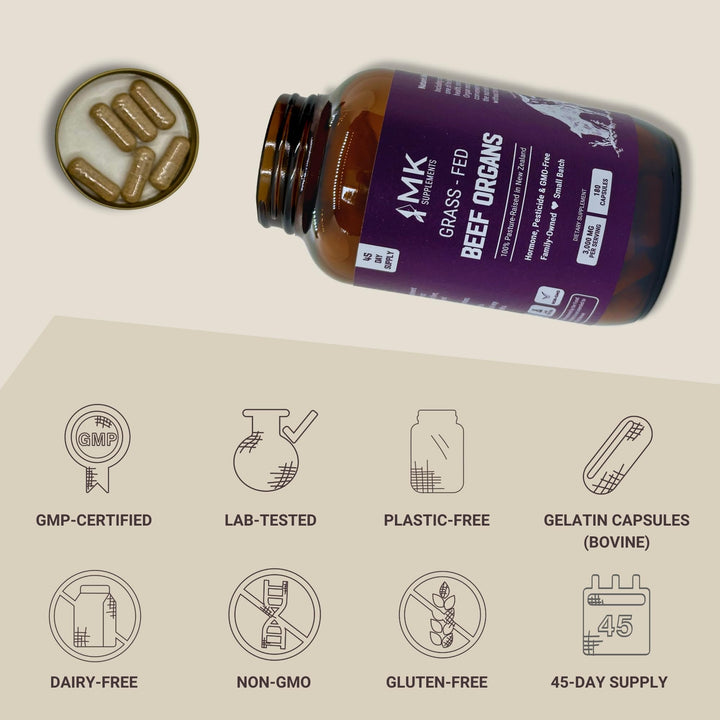 MK Supplements – Grass-Fed Beef Organs 3000 mg, 180 Beef Organs Capsules, Multivitamin, 100% Pasture-Raised in New Zealand, 45-Day Supply, Liver, Heart, Kidney, Spleen, Pancreas